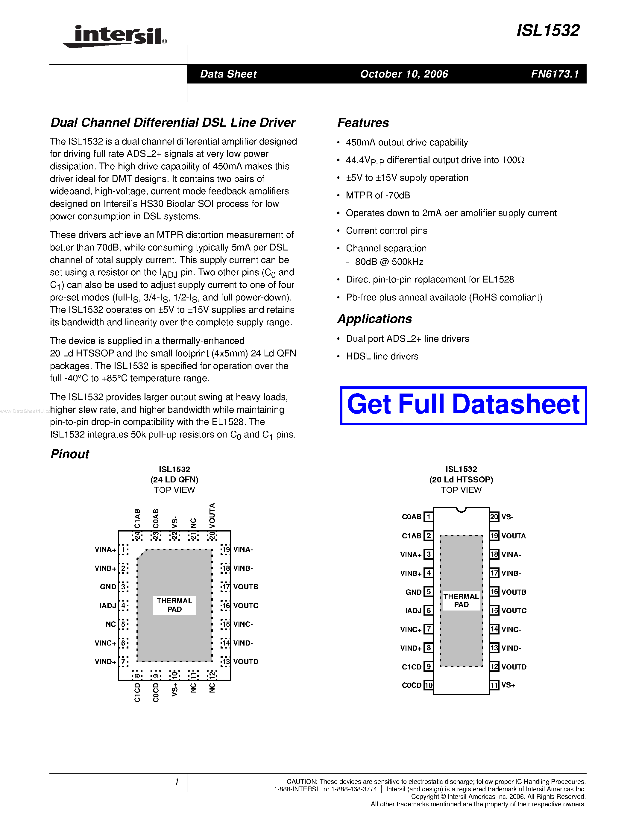 Datasheet ISL1532 page 1 Datasheet ISL1532 - Dual Channel Differential DSL Line Driver page 1