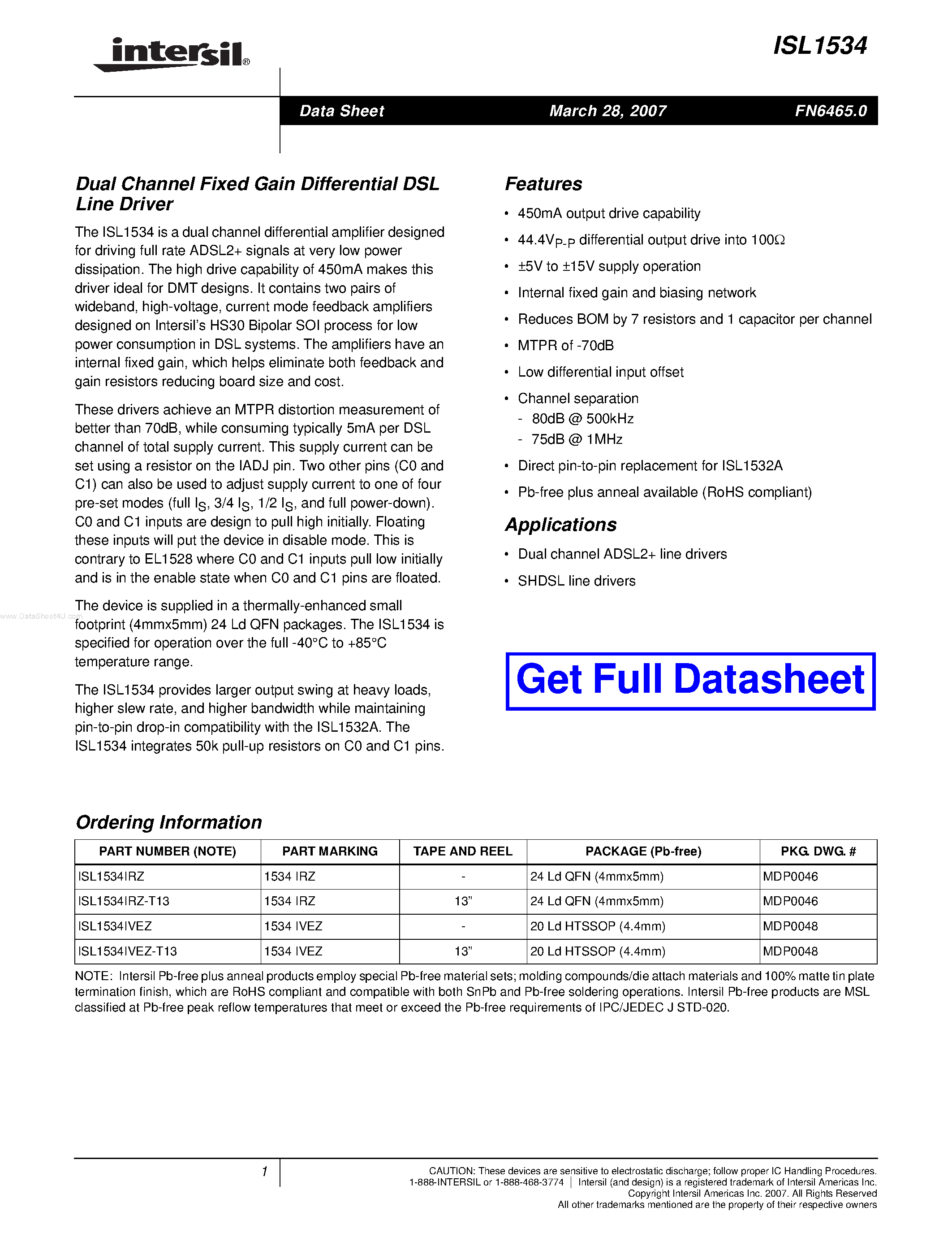 Datasheet ISL1534 page 1 Datasheet ISL1534 - Dual Channel Fixed Gain Differential DSL Line Driver page 1