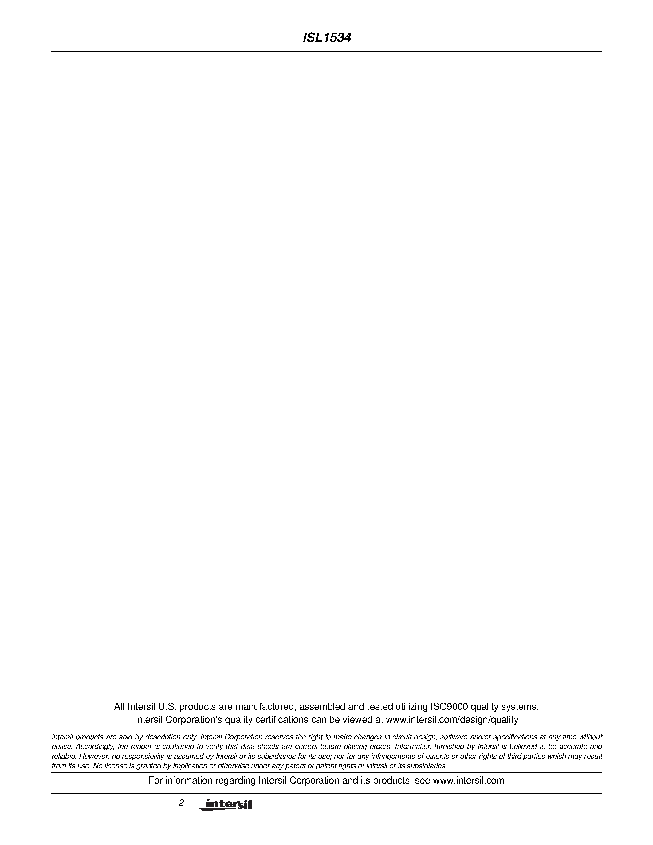 Datasheet ISL1534 page 2 Datasheet ISL1534 - Dual Channel Fixed Gain Differential DSL Line Driver page 2