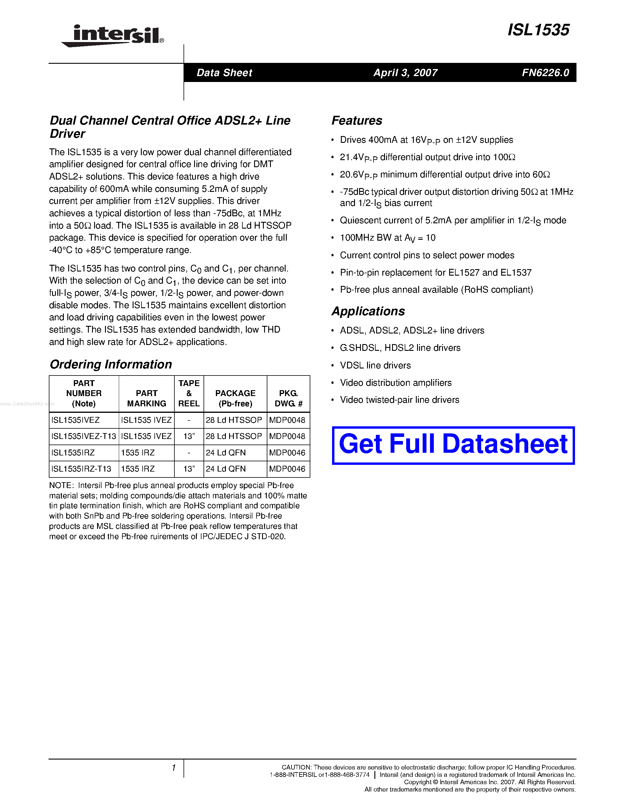 Datasheet ISL1535 page 1 Datasheet ISL1535 - Dual Channel Central Office ADSL2 Line Driver page 1