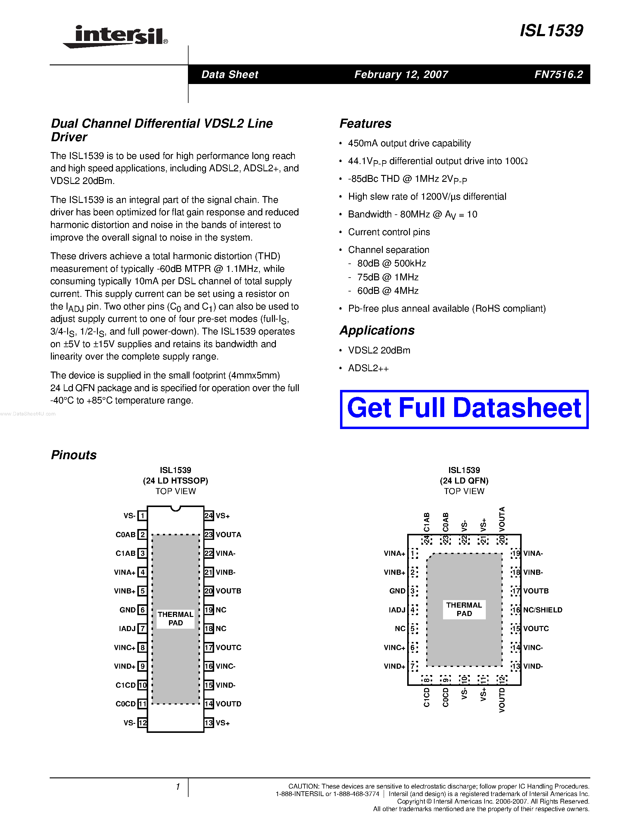 Datasheet ISL1539 page 1 Datasheet ISL1539 - Dual Channel Differential VDSL2 Line Driver page 1