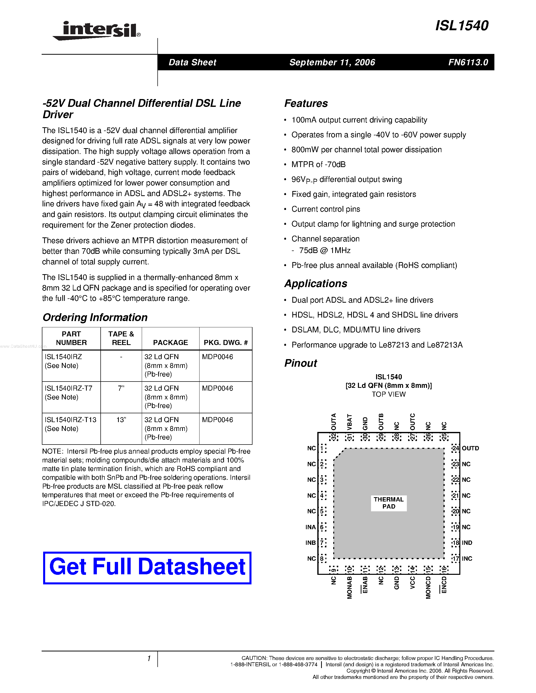 Datasheet ISL1540 page 1 Datasheet ISL1540 - Dual Channel Differential DSL Line Driver page 1