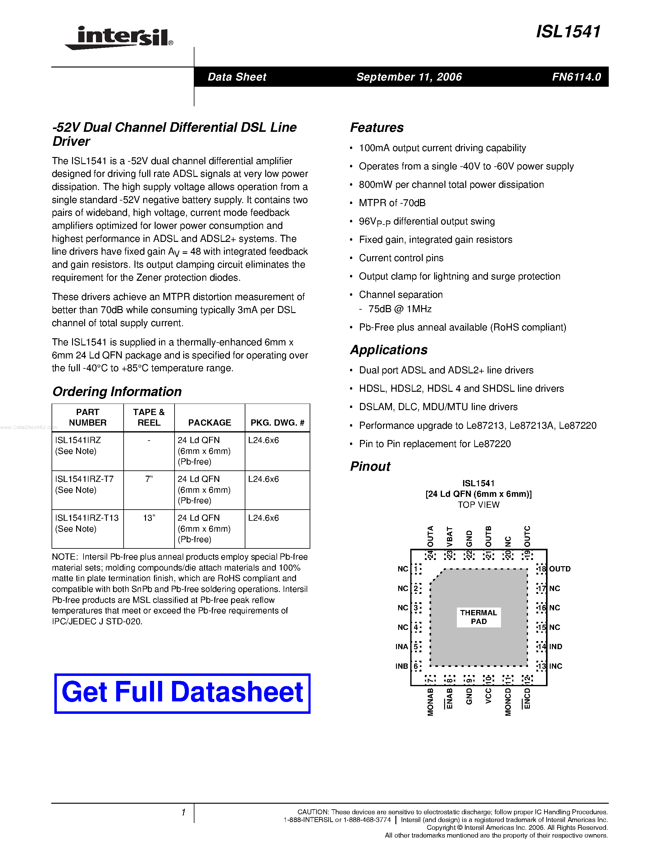 Datasheet ISL1541 page 1 Datasheet ISL1541 - Dual Channel Differential DSL Line Driver page 1