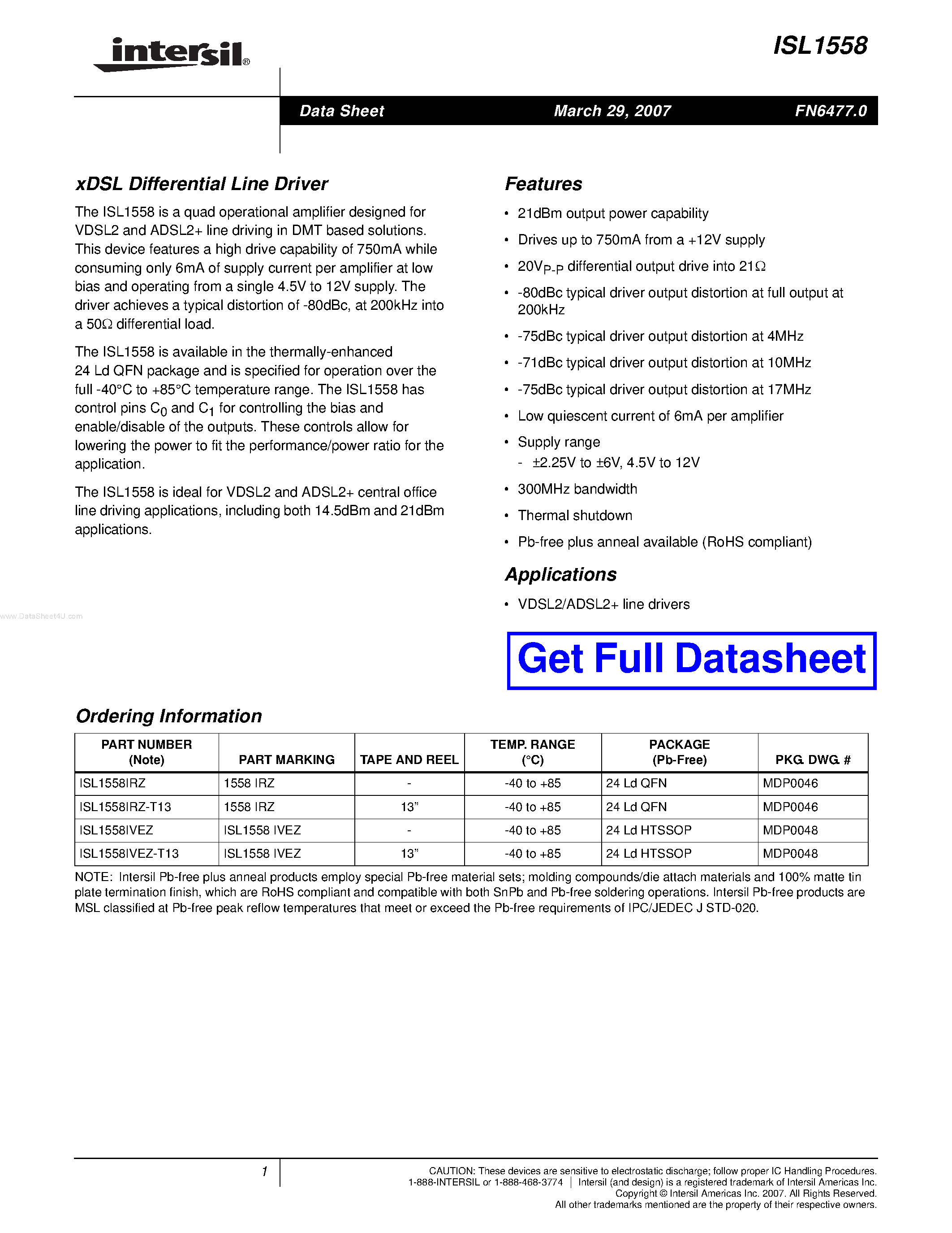 Datasheet ISL1558 page 1 Datasheet ISL1558 - xDSL Differential Line Driver page 1
