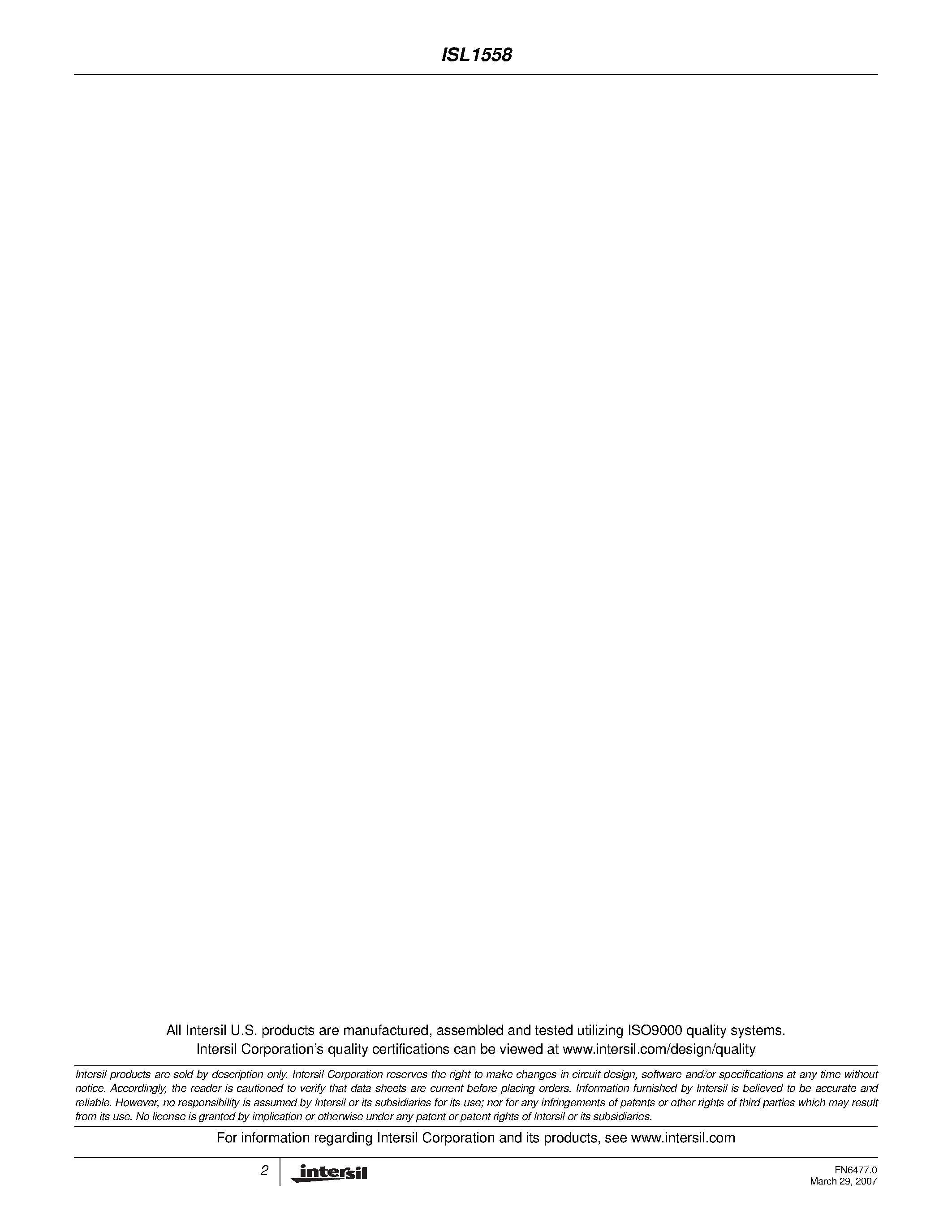 Datasheet ISL1558 page 2 Datasheet ISL1558 - xDSL Differential Line Driver page 2