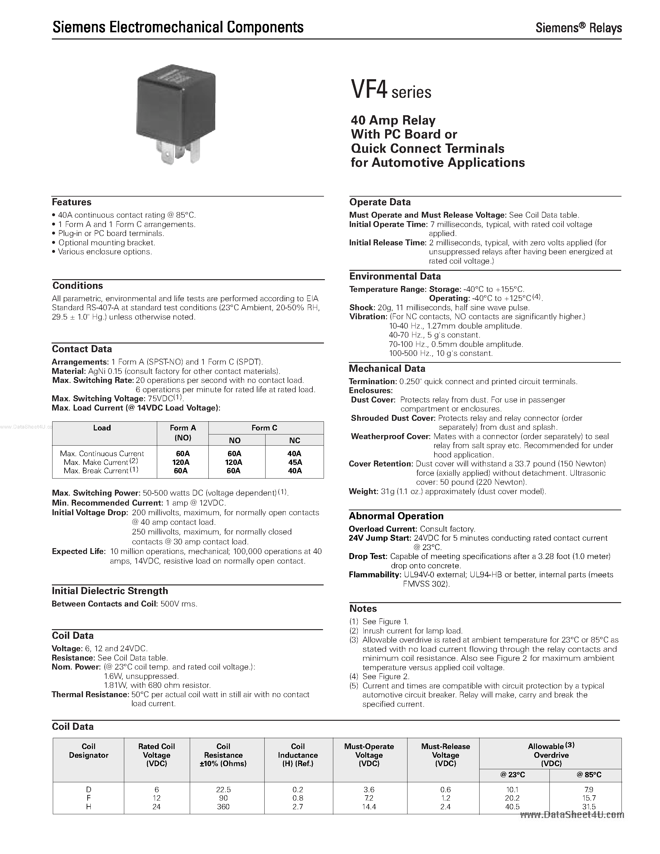Datasheet VF4-15H11 - (VF4 Series) 40 Amp Relay page 1