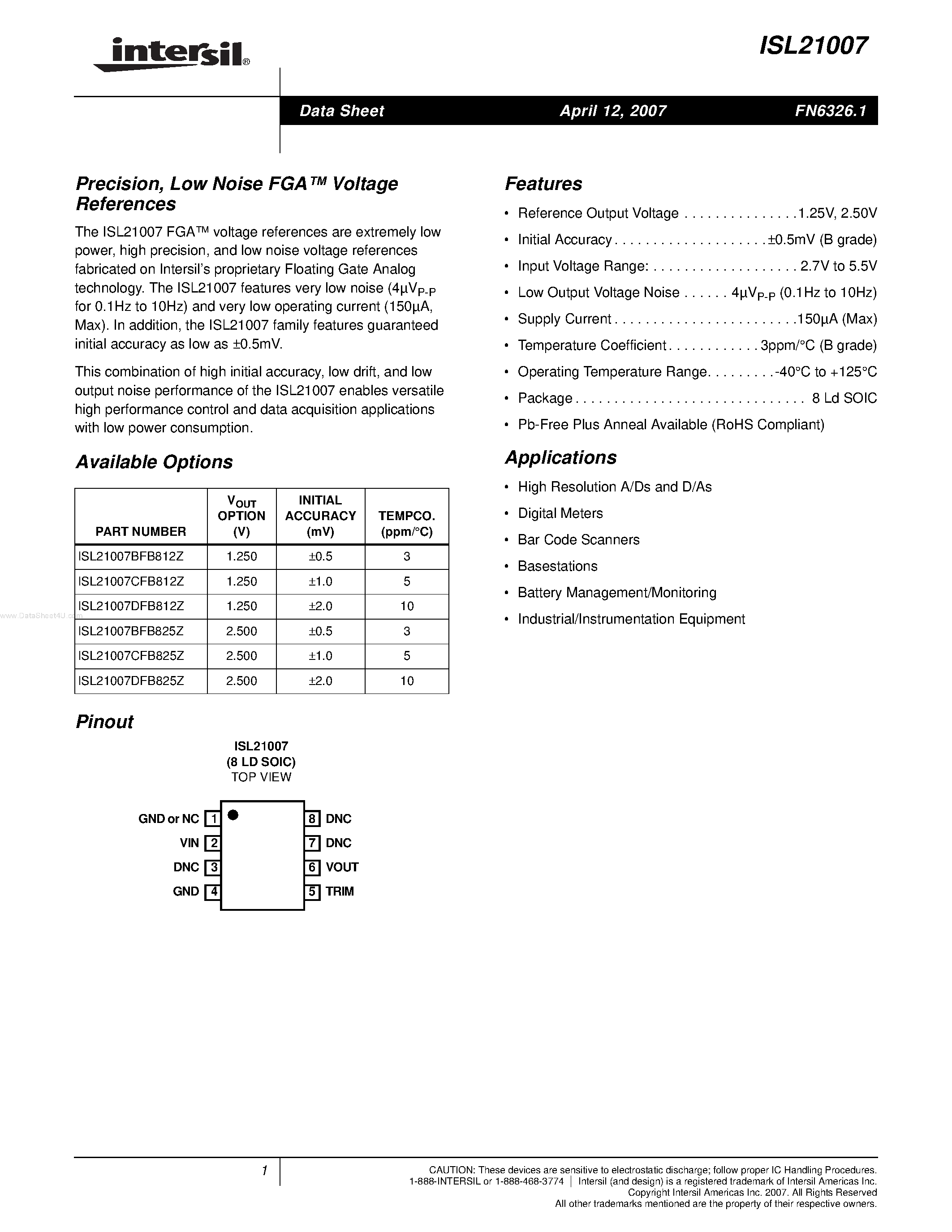 Datasheet ISL21007 - Low Noise Voltage References page 1