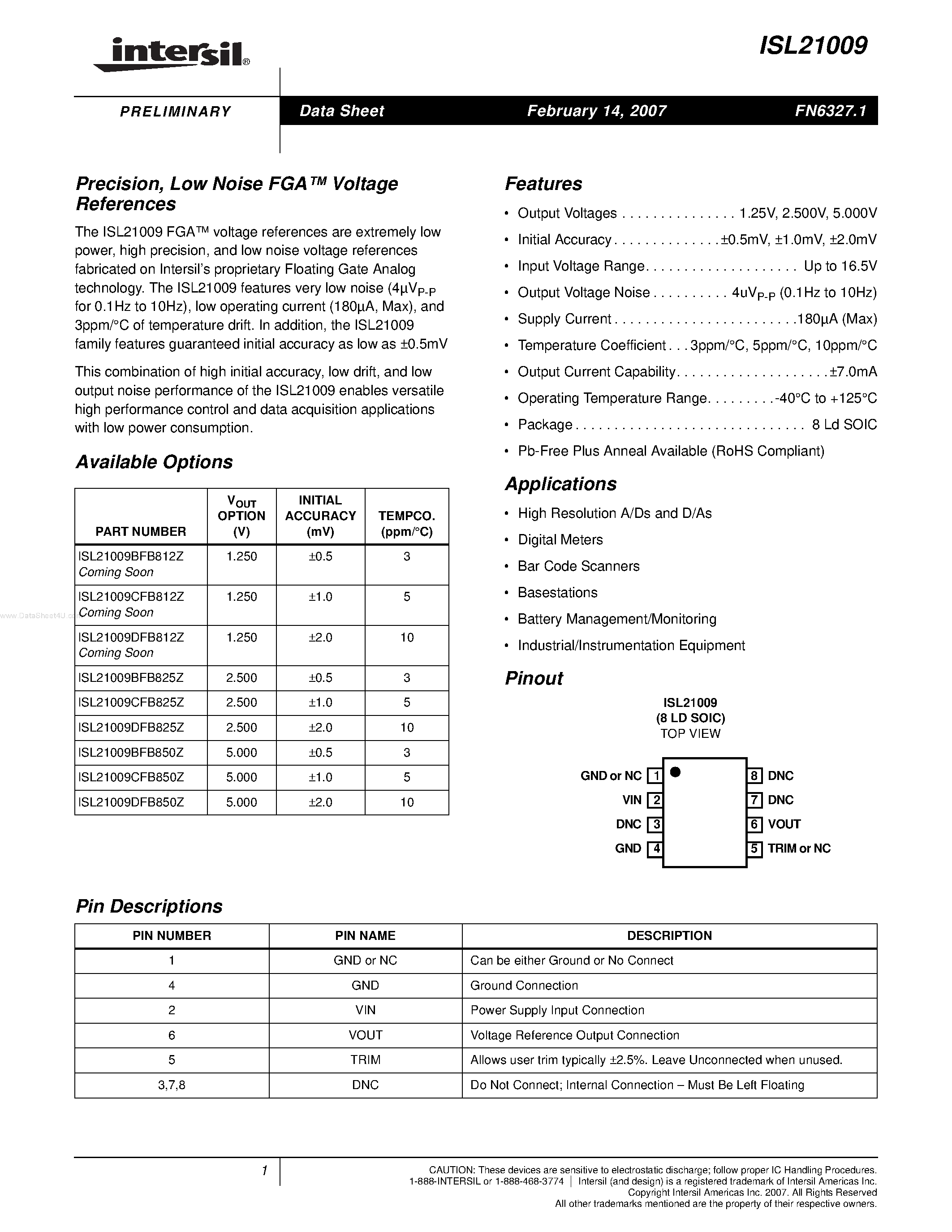 Datasheet ISL21009 - Low Noise Voltage References page 1