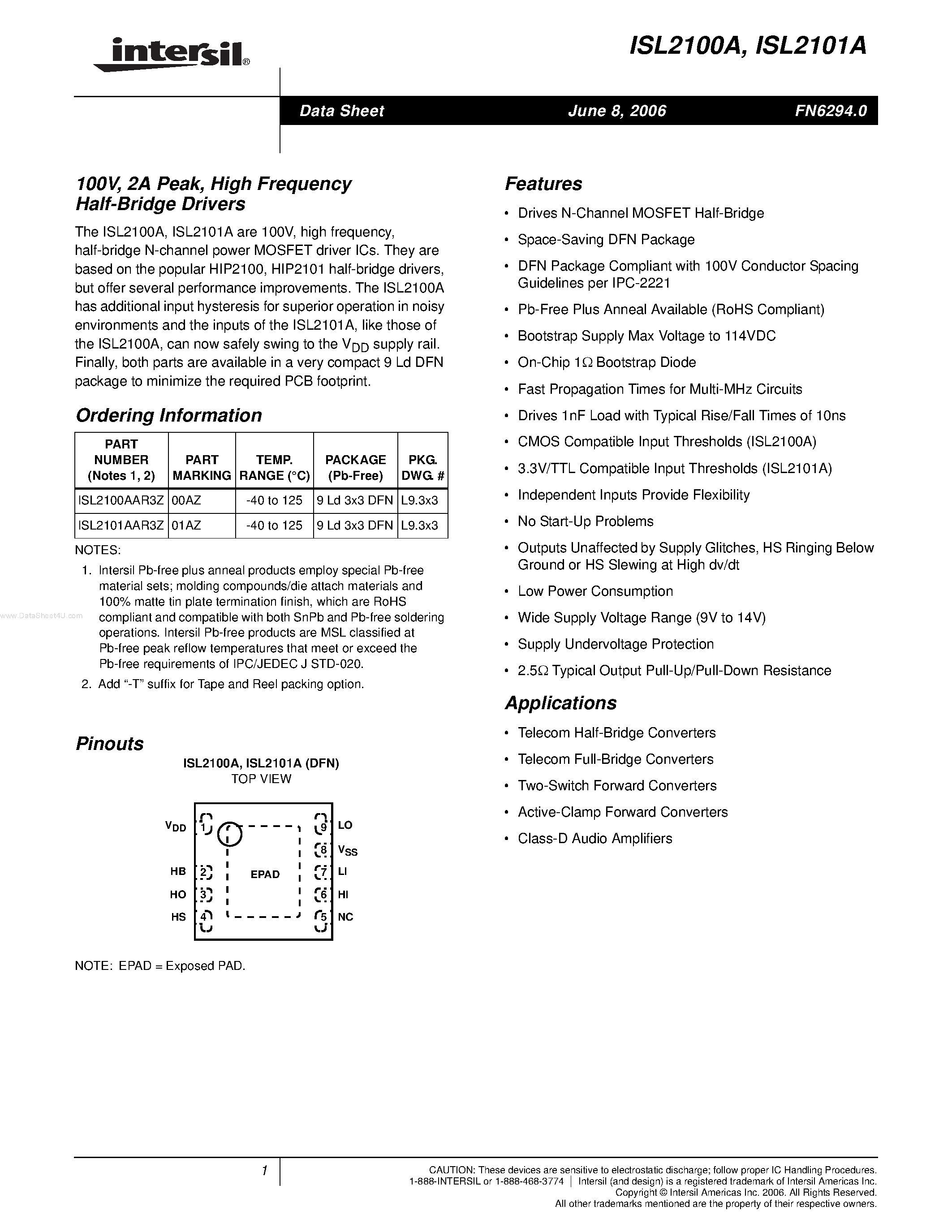 Datasheet ISL2100A page 1 Datasheet ISL2100A - (ISL2100A / ISL2101A) High Frequency Half-Bridge Drivers page 1
