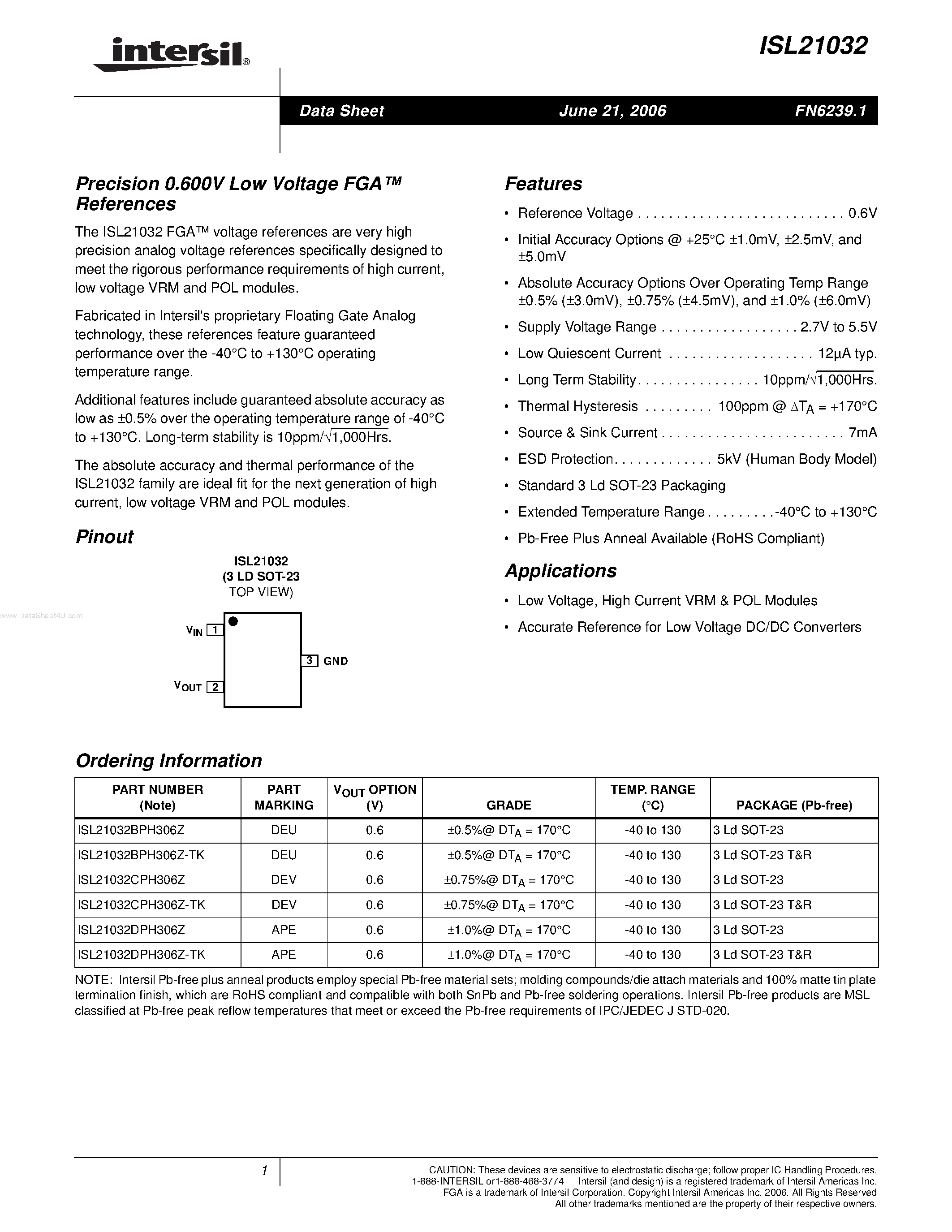 Datasheet ISL21032 - Low Voltage References page 1