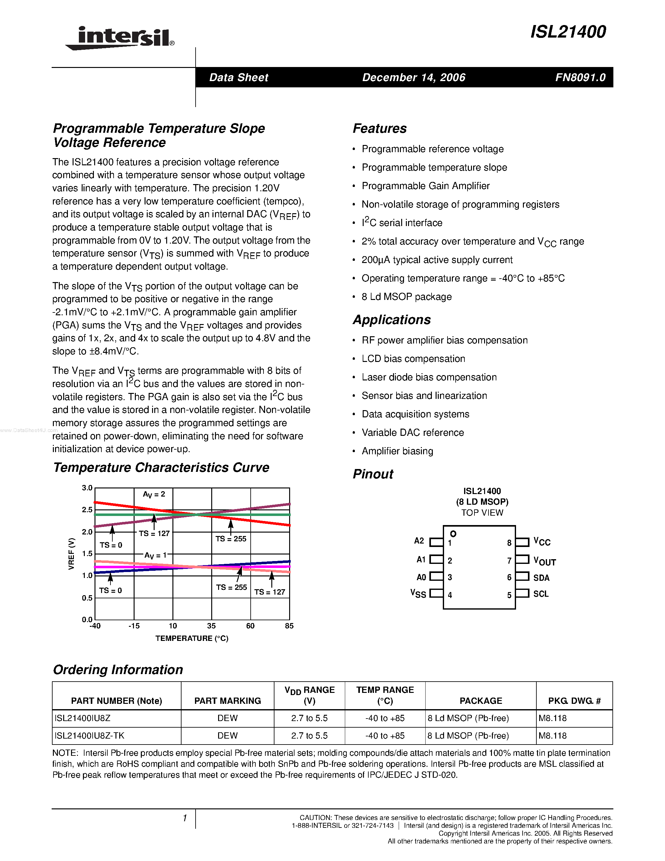 Datasheet ISL21400 - Programmable Temperature Slope Voltage Reference page 1