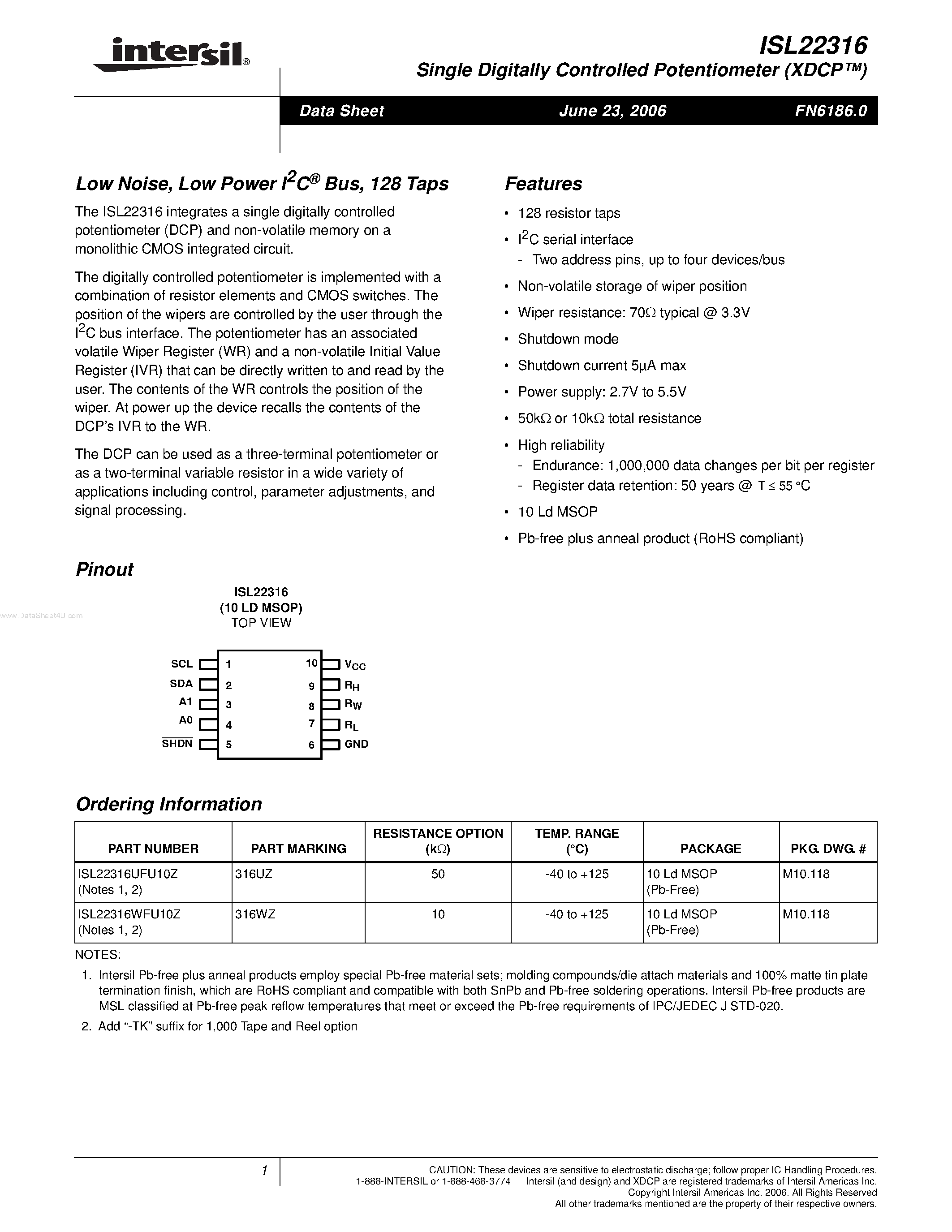 Datasheet ISL22316 - Single Digitally Controlled Potentiometer page 1