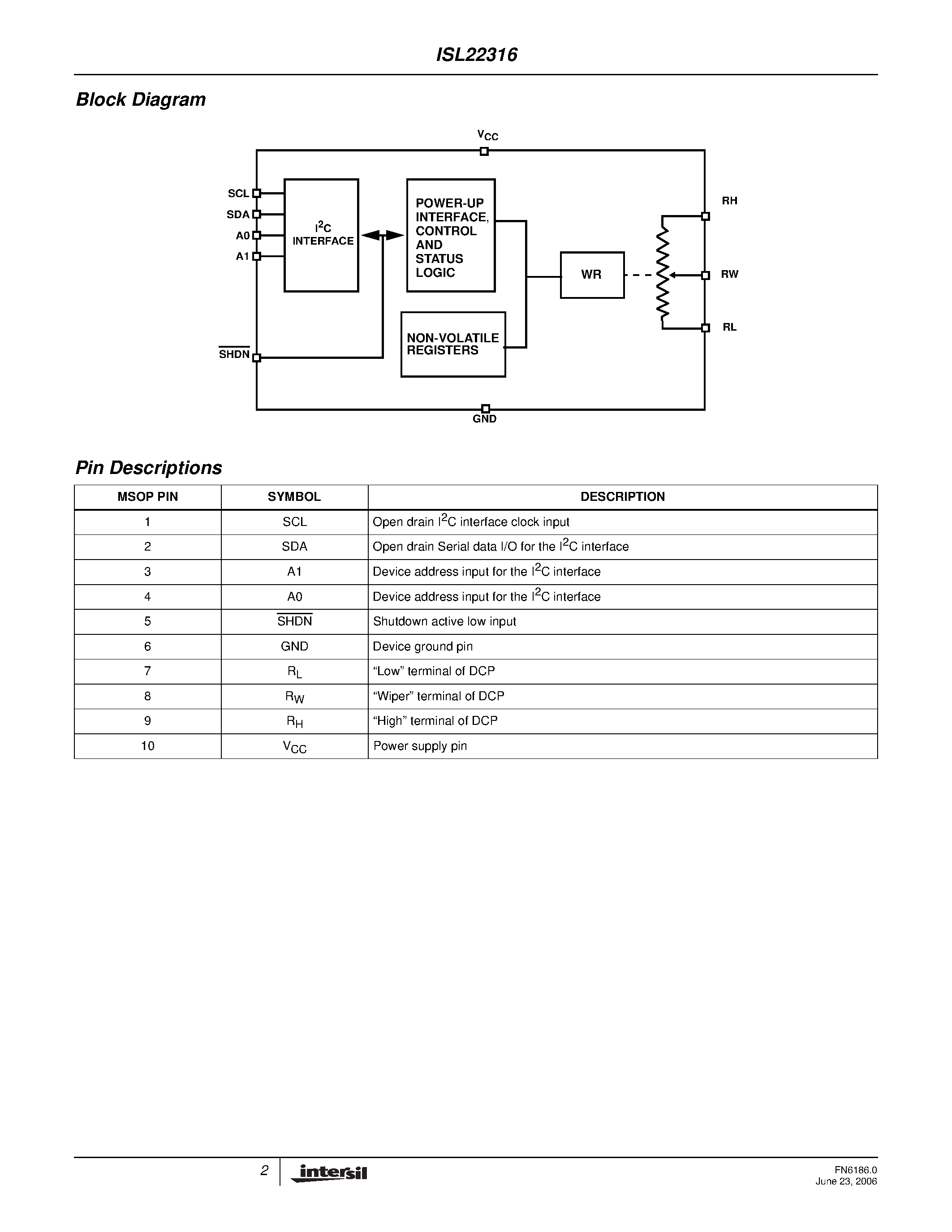 Datasheet ISL22316 - Single Digitally Controlled Potentiometer page 2
