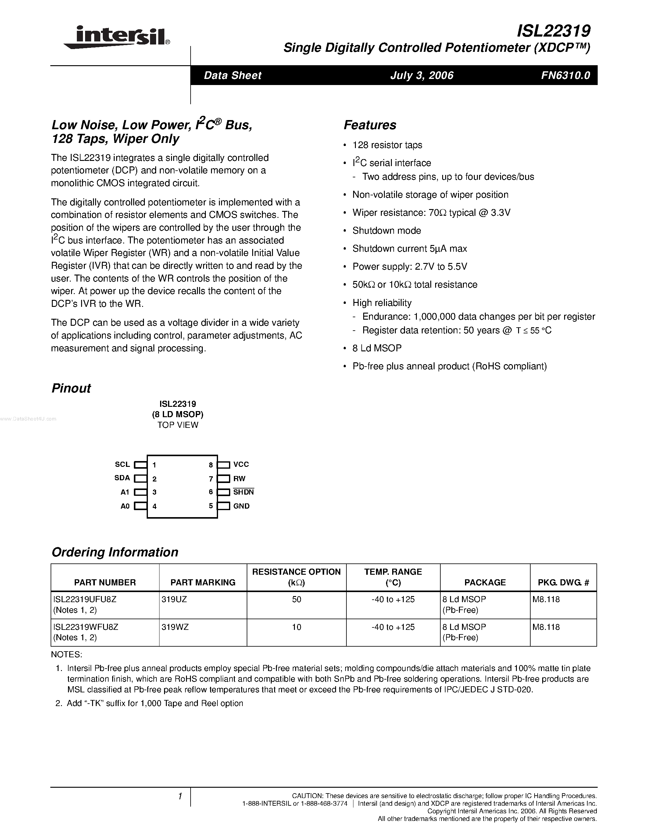 Datasheet ISL22319 - Low Noise Low Power Bus 128 Taps page 1