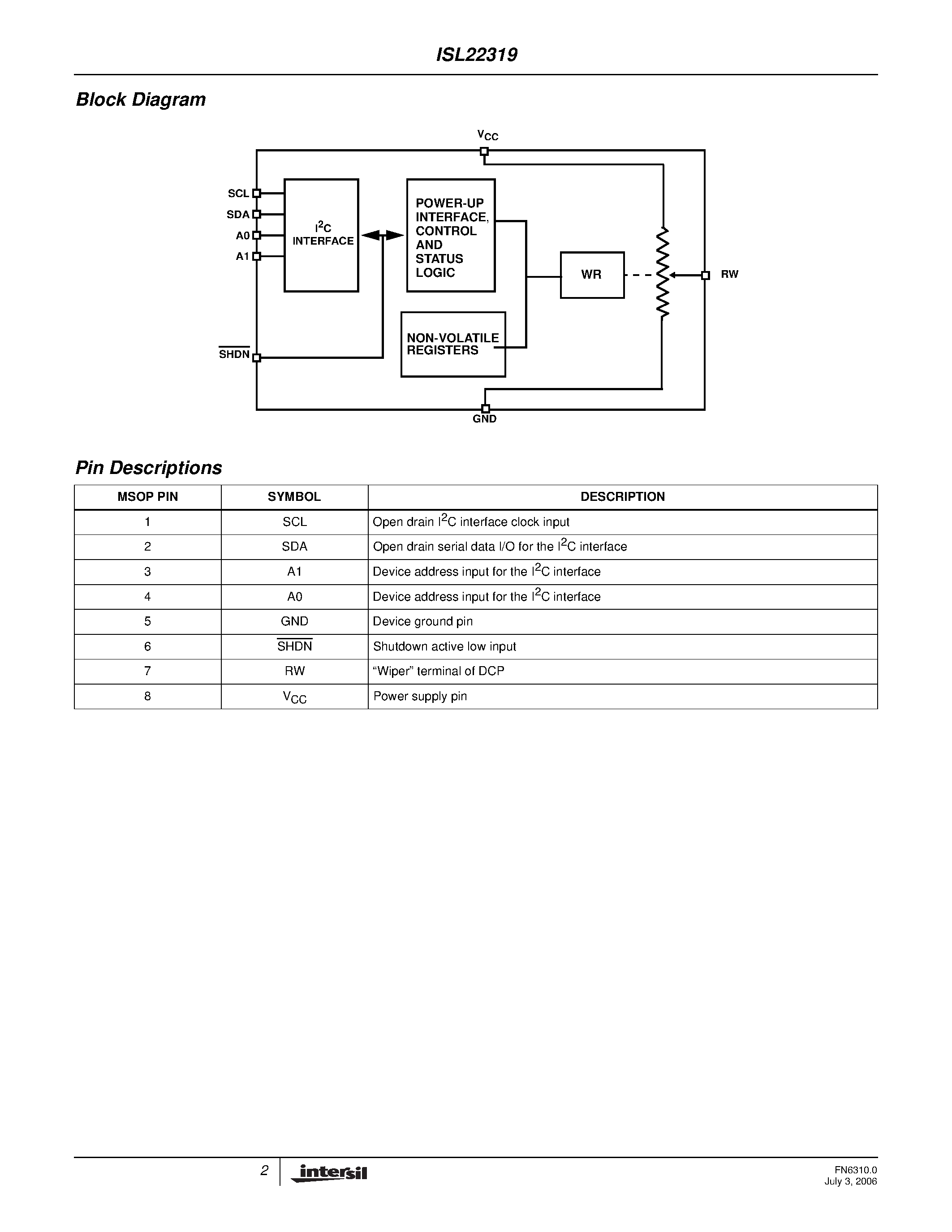 Datasheet ISL22319 - Low Noise Low Power Bus 128 Taps page 2