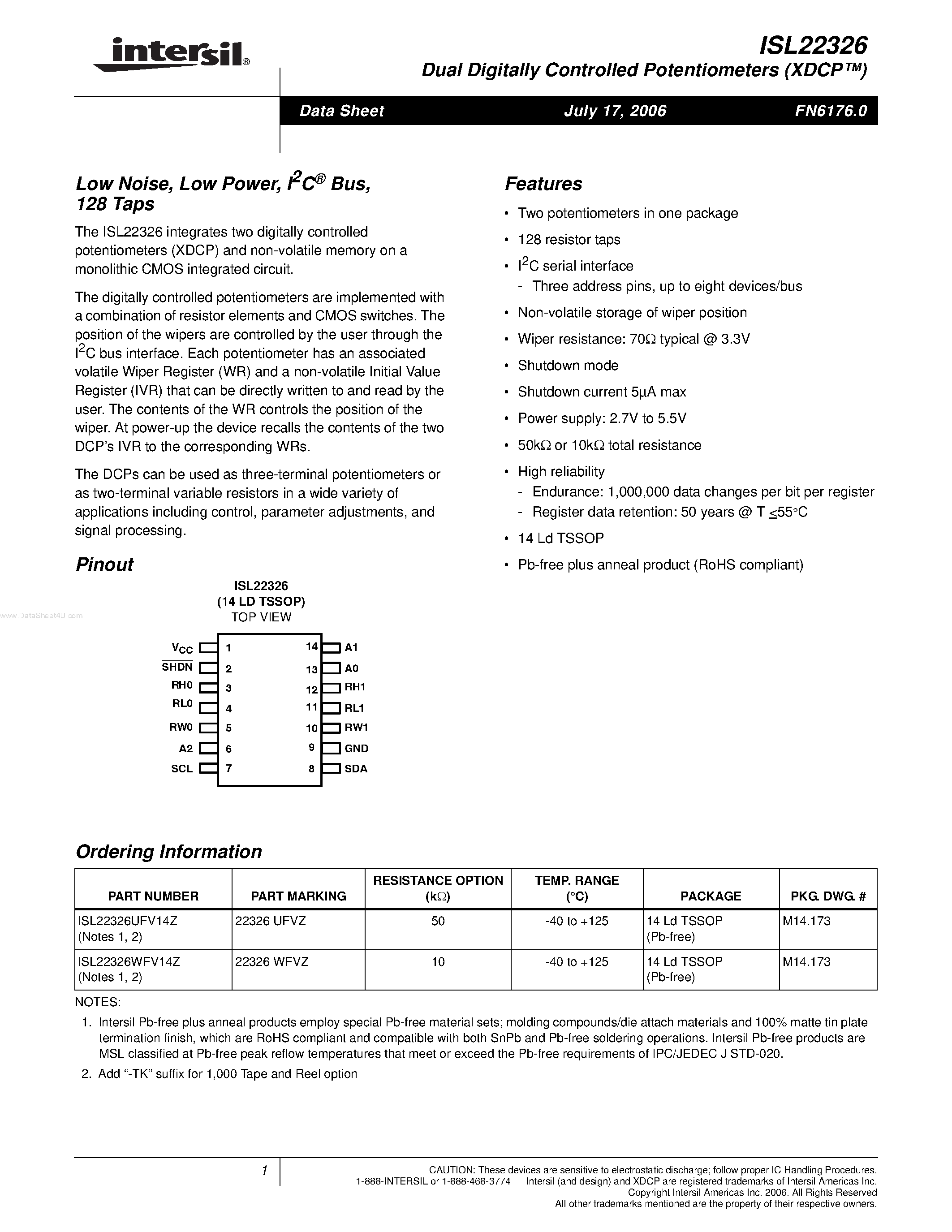 Datasheet ISL22326 - Dual Digitally Controlled Potentiometers page 1