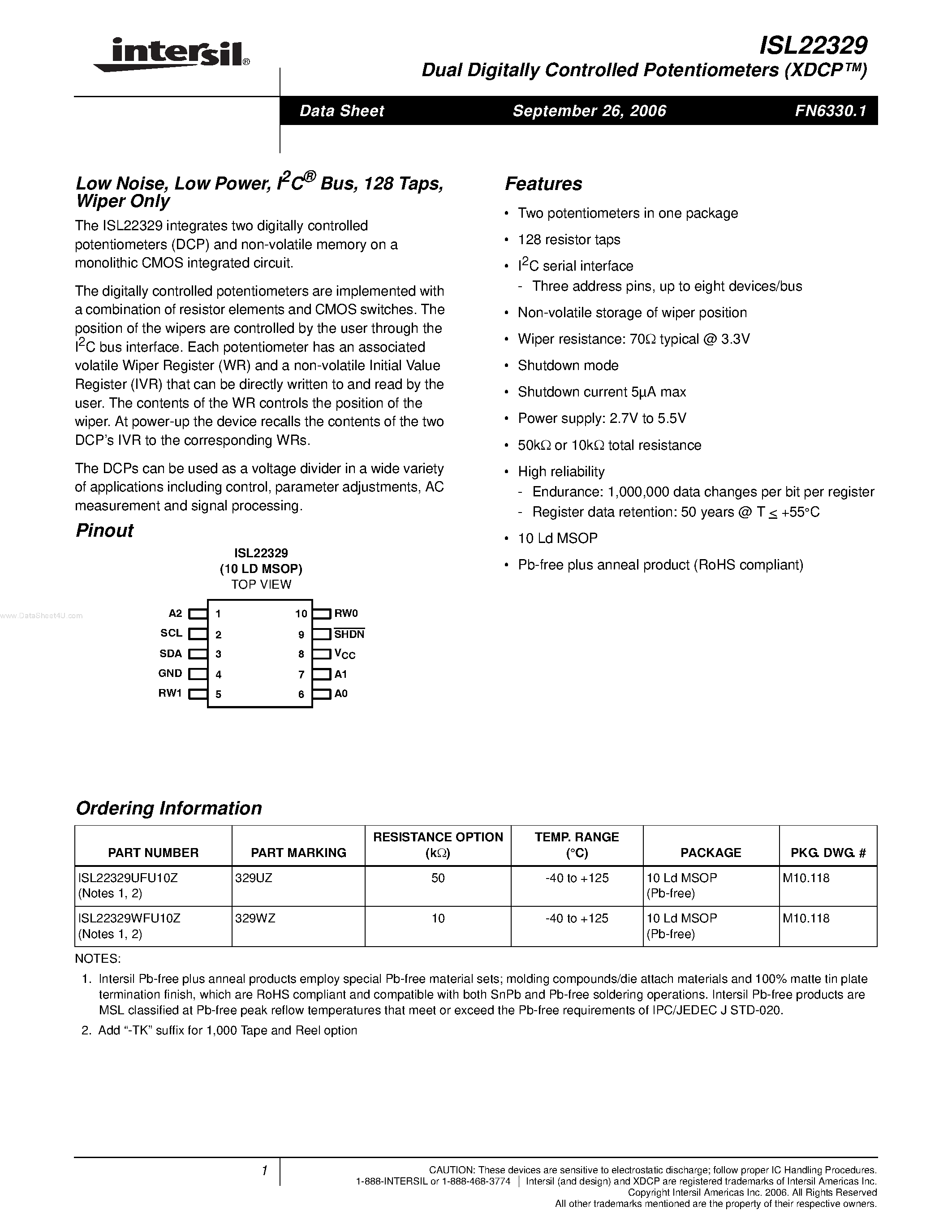 Datasheet ISL22329 - Dual Digitally Controlled Potentiometers page 1
