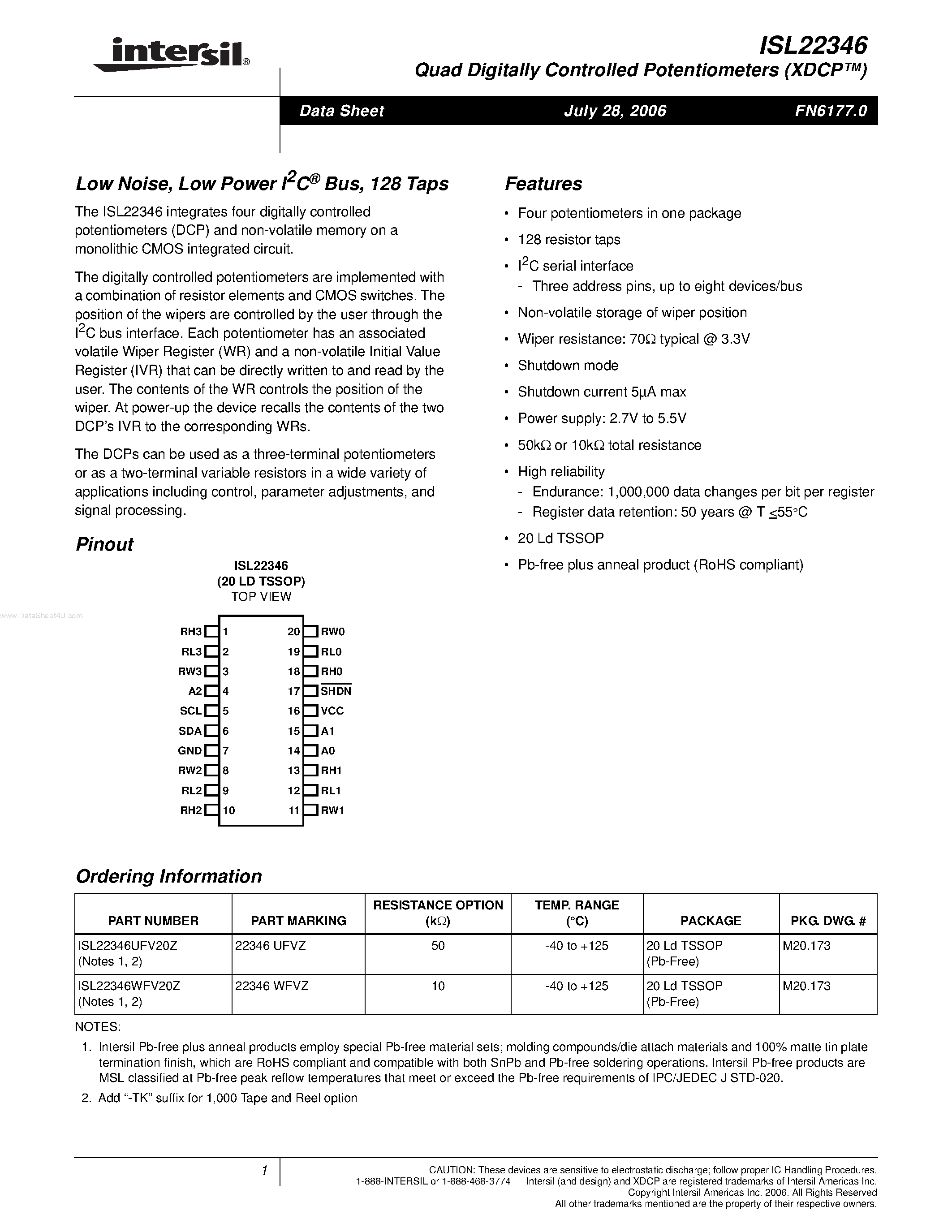 Datasheet ISL22346 - Dual Digitally Controlled Potentiometers page 1