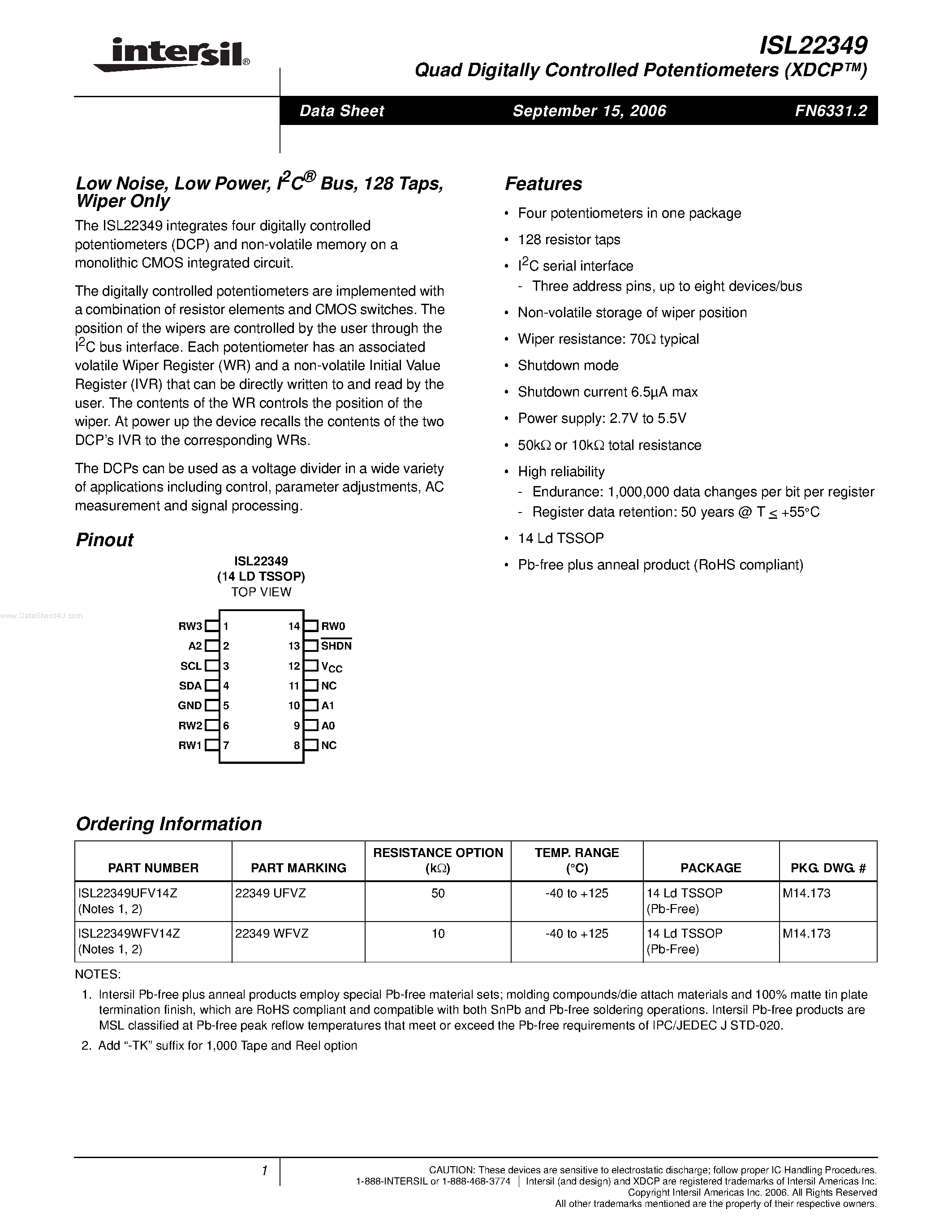 Datasheet ISL22349 page 1 Datasheet ISL22349 - Dual Digitally Controlled Potentiometers page 1