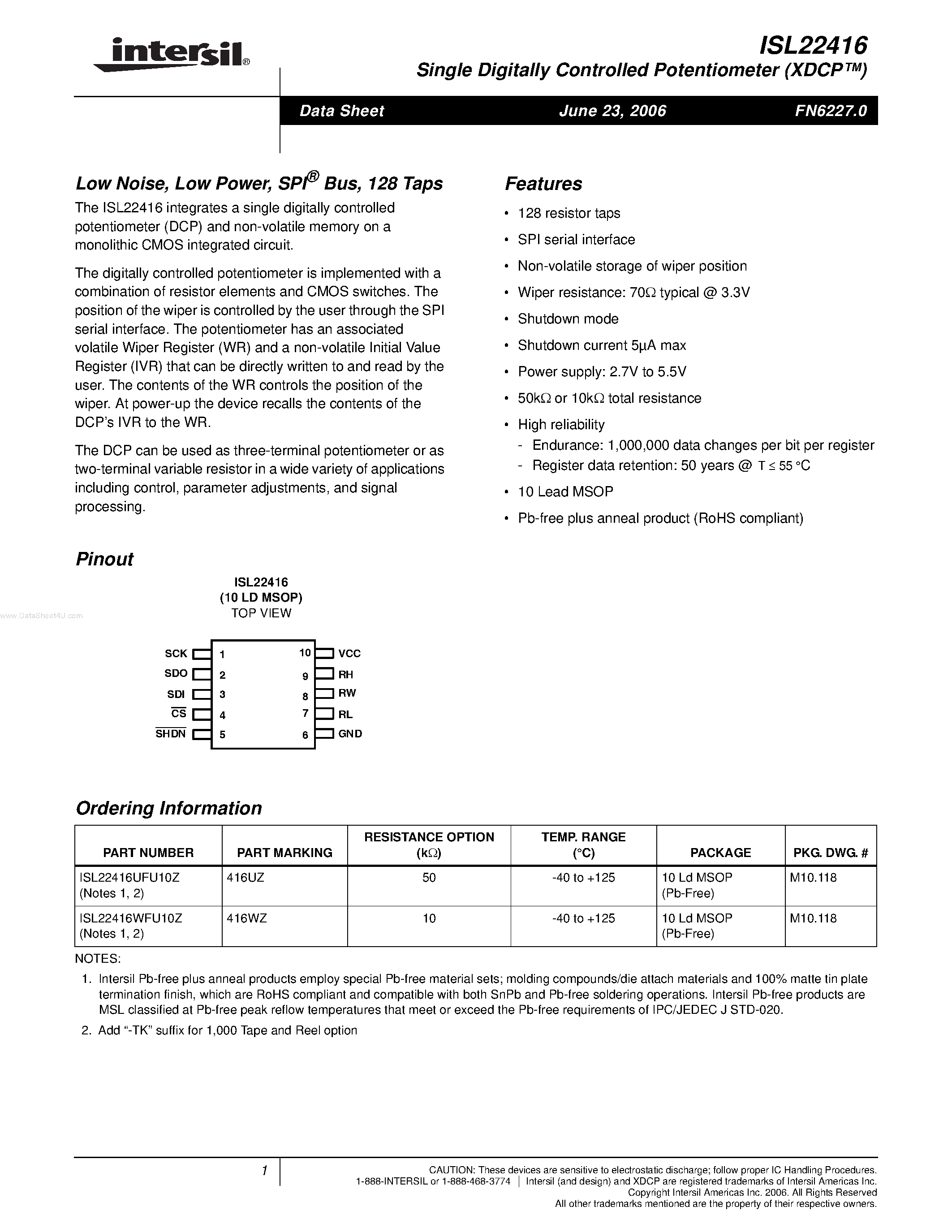 Datasheet ISL22416 - Single Digitally Controlled Potentiometer page 1