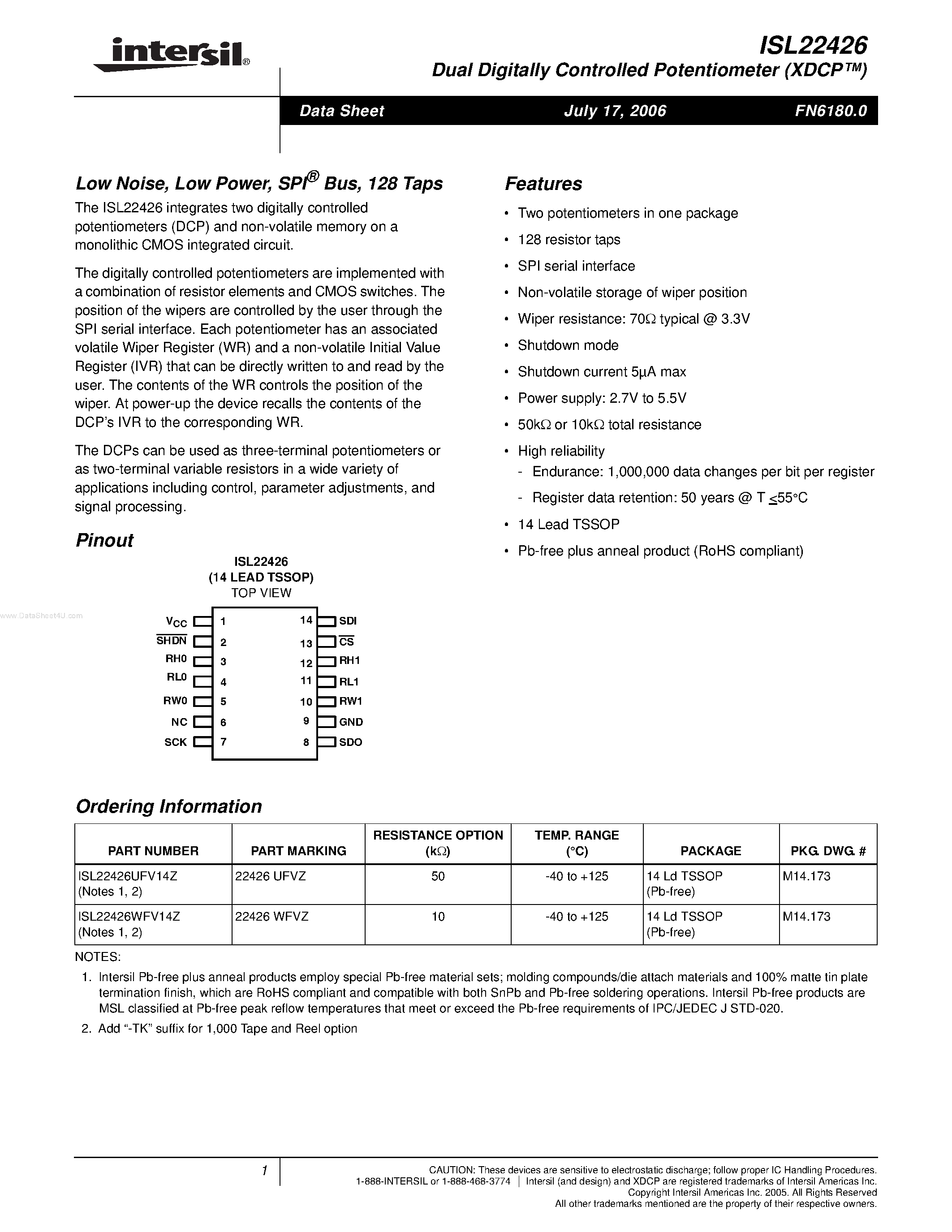 Datasheet ISL22426 - Dual Digitally Controlled Potentiometer page 1