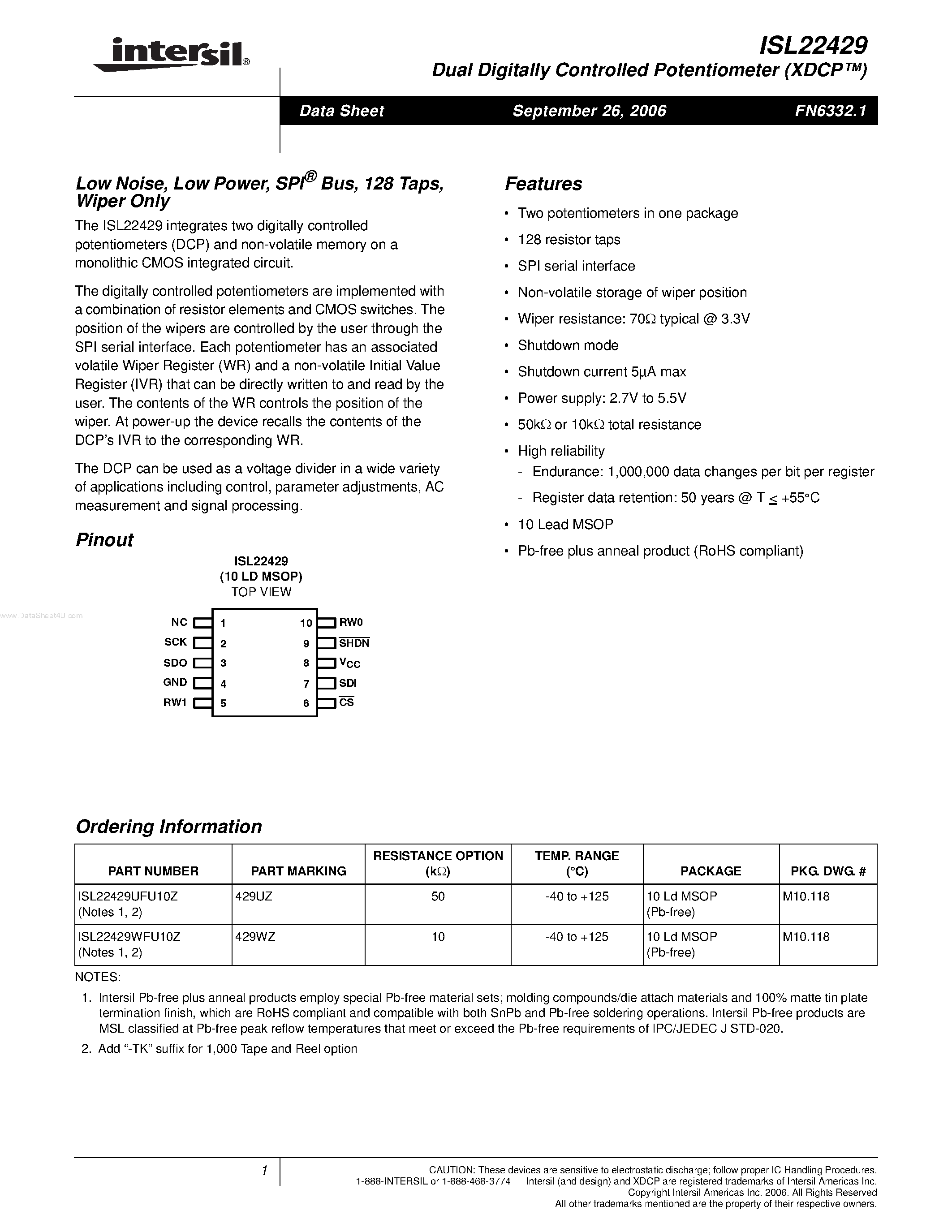 Datasheet ISL22429 - Dual Digitally Controlled Potentiometer page 1