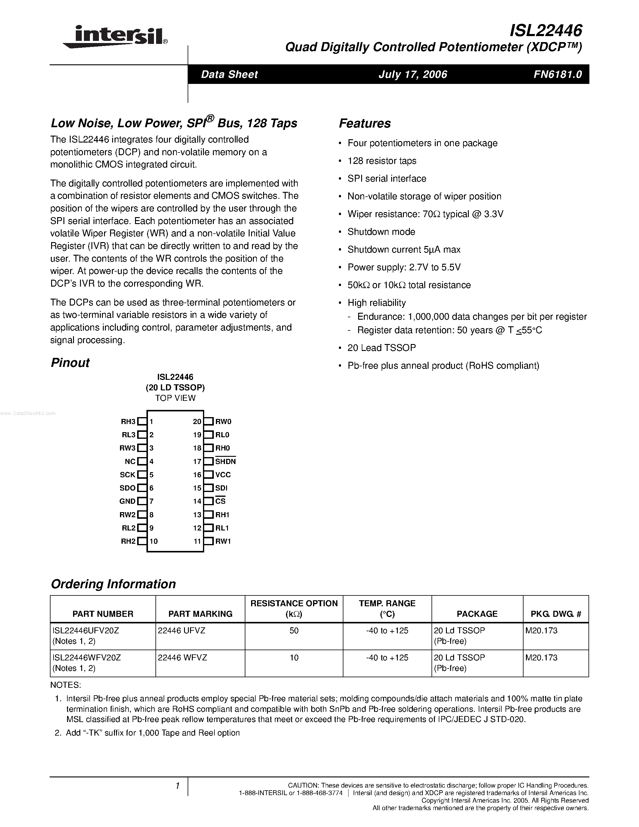 Datasheet ISL22446 - Quad Digitally Controlled Potentiometer page 1