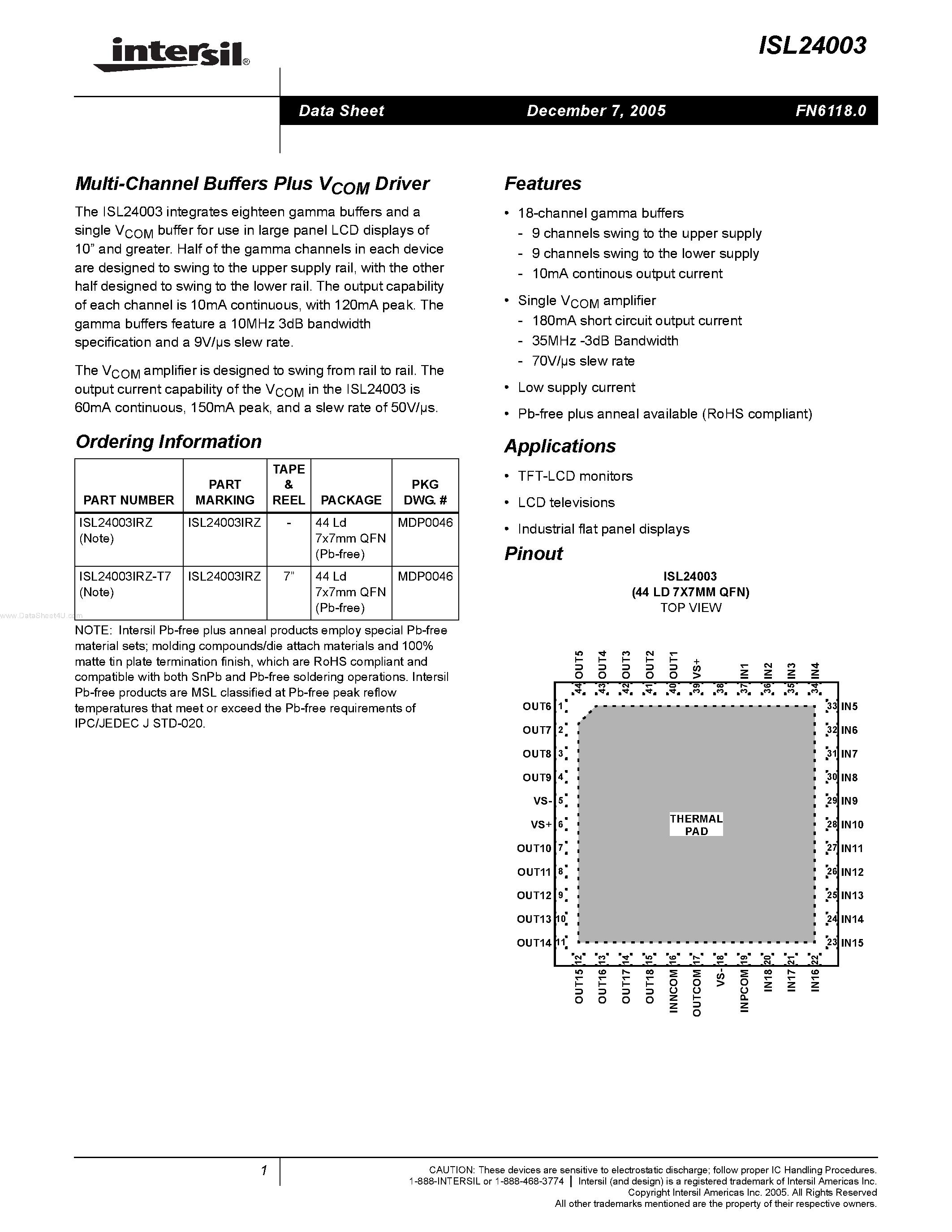 Datasheet ISL24003 - Multi-Channel Buffers Plus VCOM Driver page 1