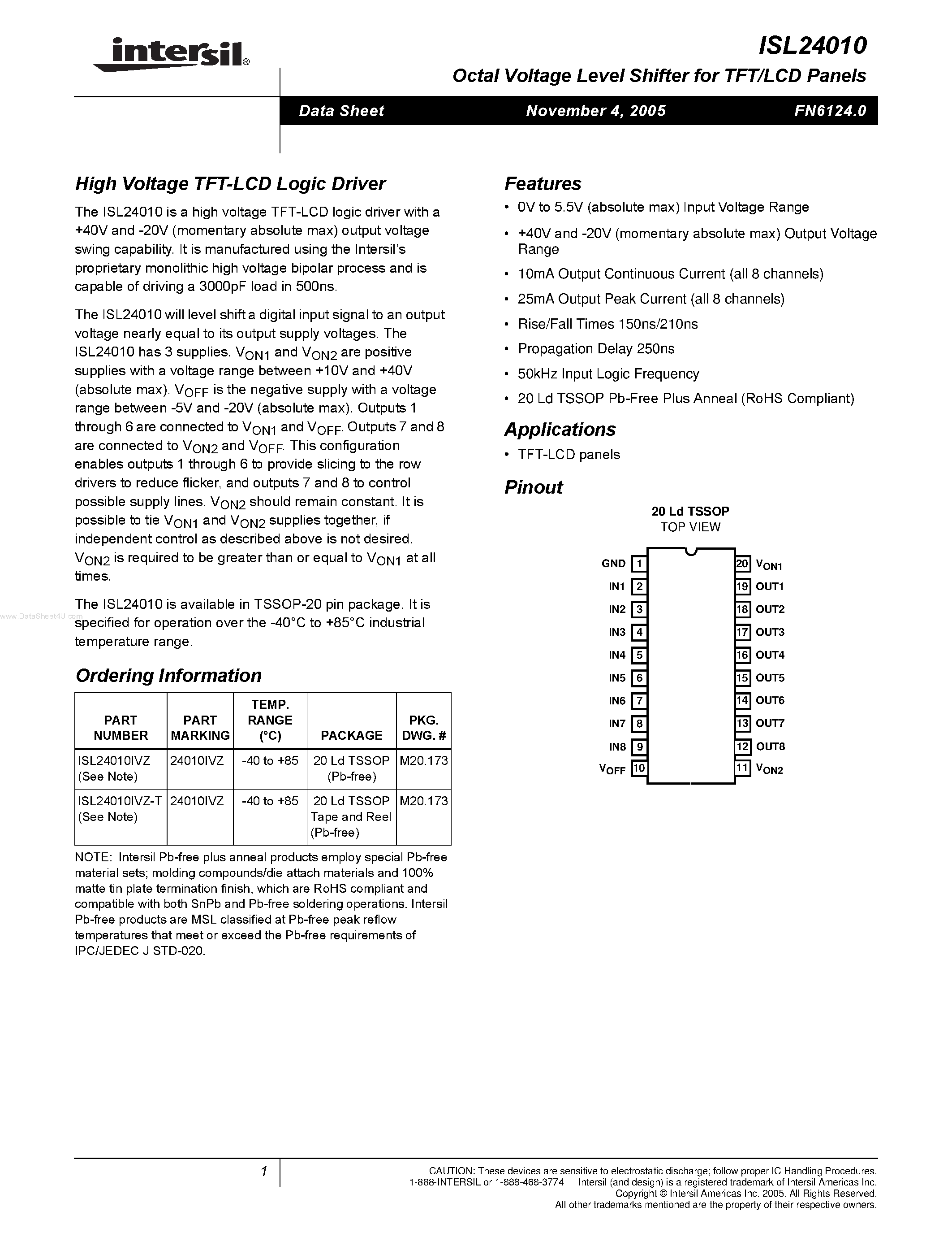 Datasheet ISL24010 - High Voltage TFT-LCD Logic Driver page 1