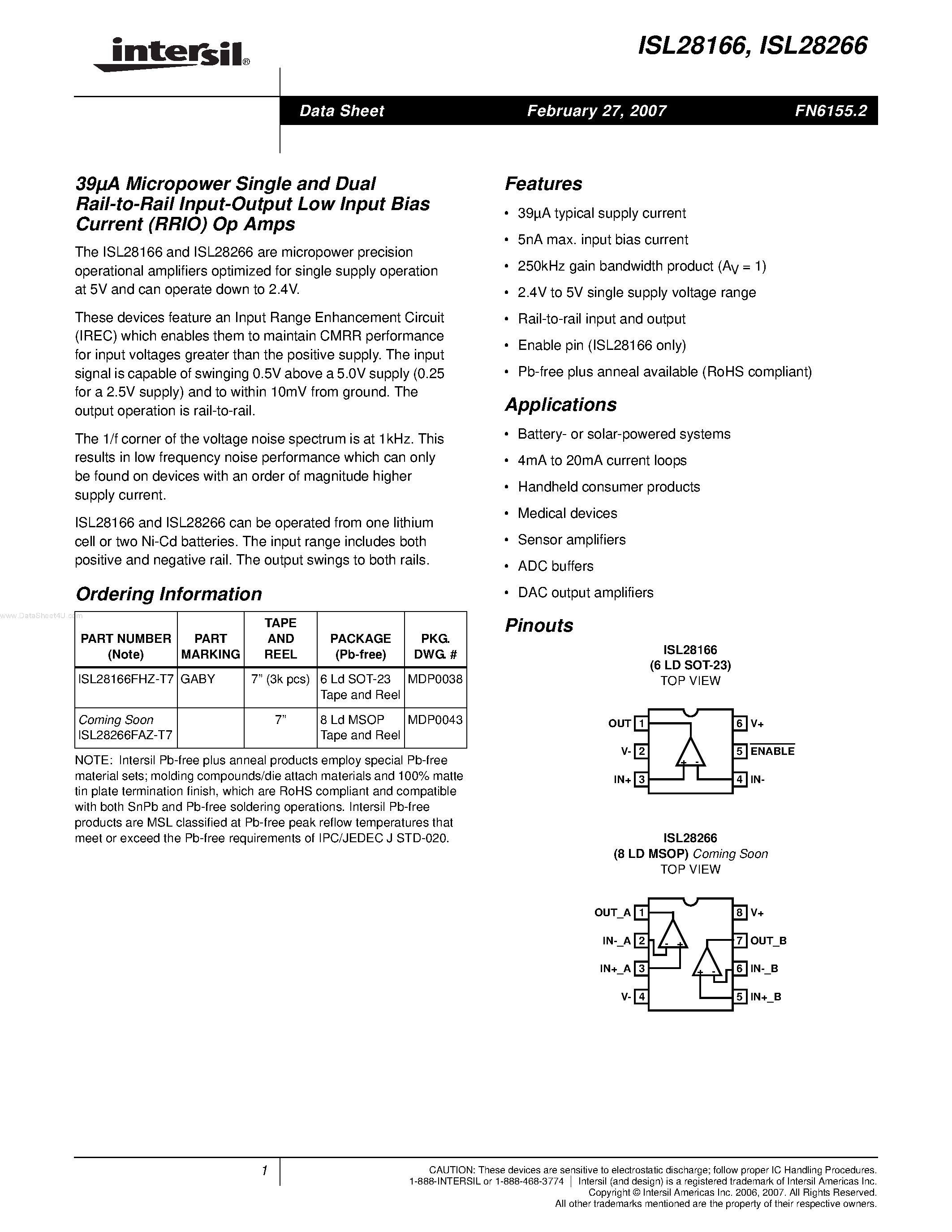 Даташит ISL28266 - (ISL28166 / ISL28266) 39uA Micropower Single and Dual Rail-to-Rail Input-Output Low Input Bias Current (RRIO) Op Amps страница 1