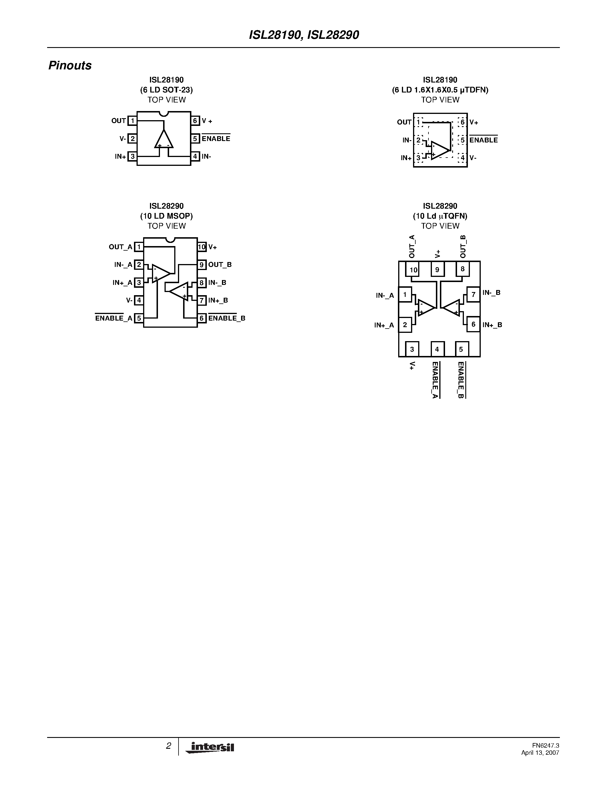 Даташит ISL28290 - (ISL28190 / ISL28290) Single and Dual Ultra-Low Noise Ultra-Low Distortion Rail-to-Rail Op Amp страница 2