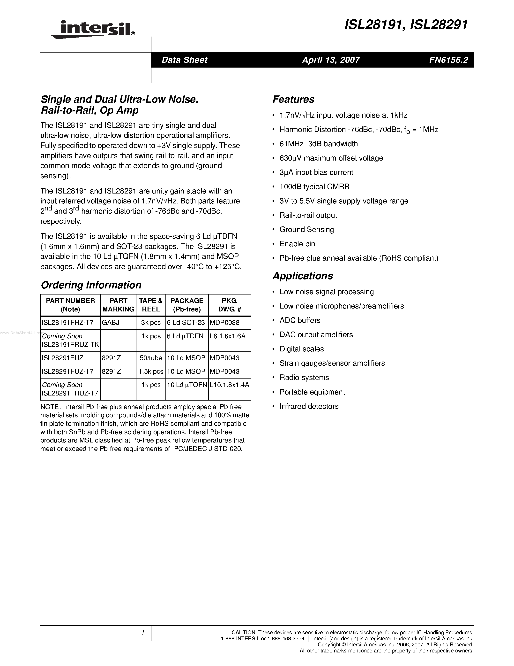 Datasheet ISL28291 - (ISL28191 / ISL28291) Single and Dual Ultra-Low Noise Rail-to-Rail Op Amp page 1