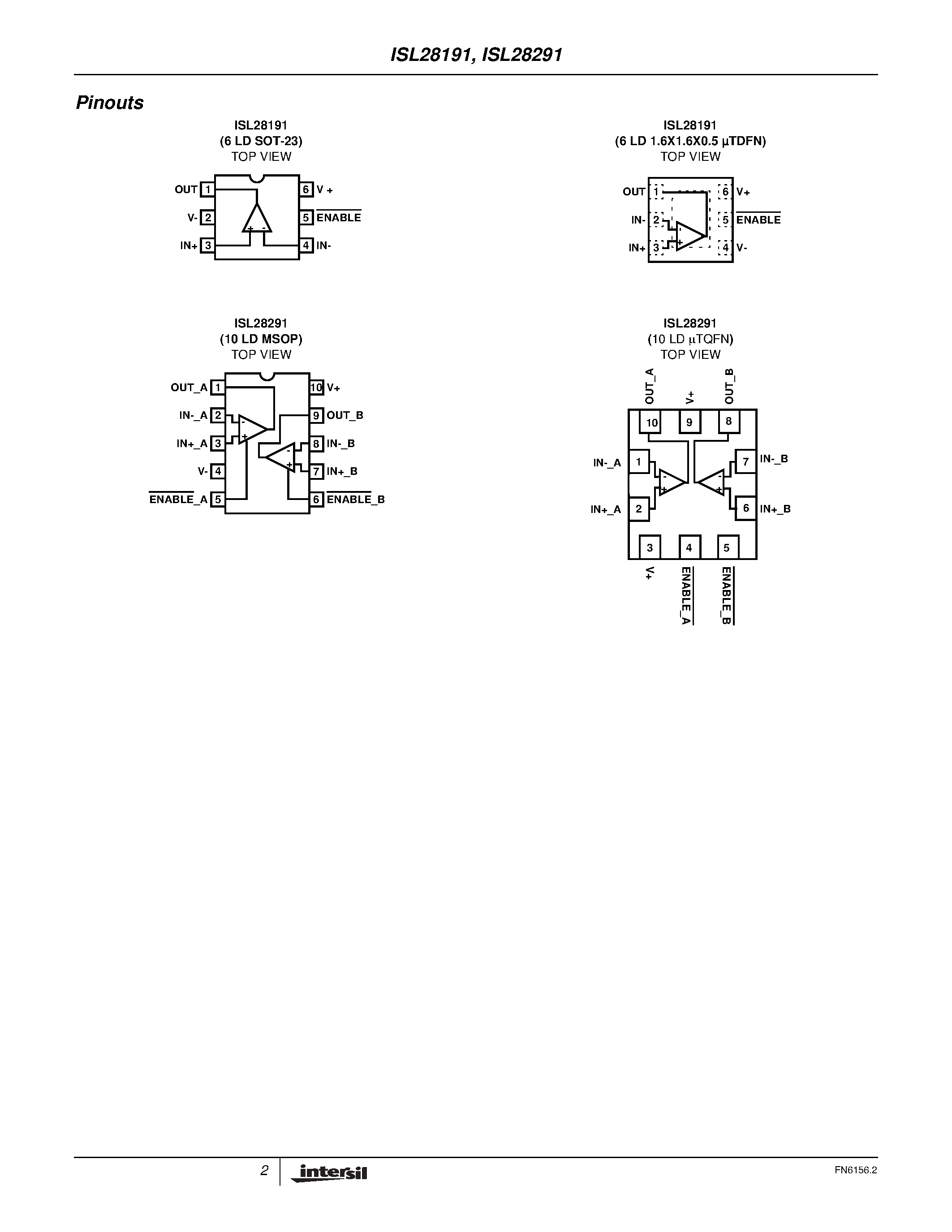 Даташит ISL28291 - (ISL28191 / ISL28291) Single and Dual Ultra-Low Noise Rail-to-Rail Op Amp страница 2