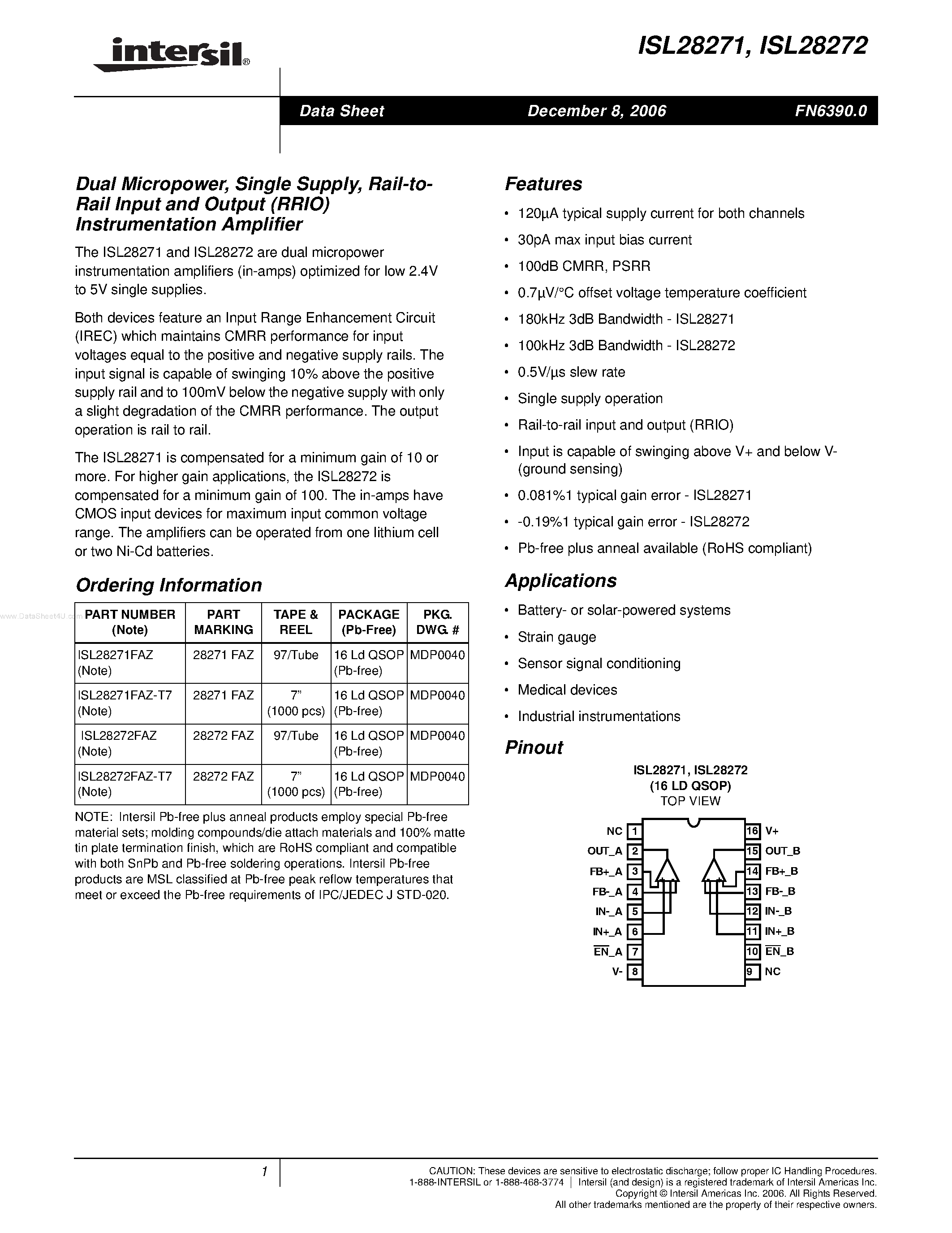 Datasheet ISL28271 - (ISL28271 / ISL28272) Rail-to- Rail Input and Output (RRIO) Instrumentation Amplifier page 1