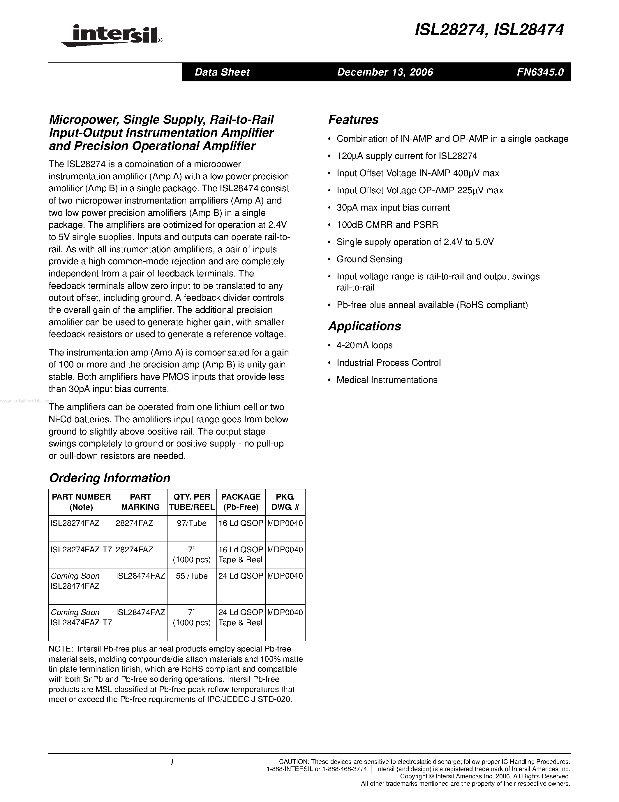 Datasheet ISL28274 - (ISL28274 / ISL28474) Rail-to-Rail Input-Output Instrumentation Amplifier and Precision Operational Amplifier page 1