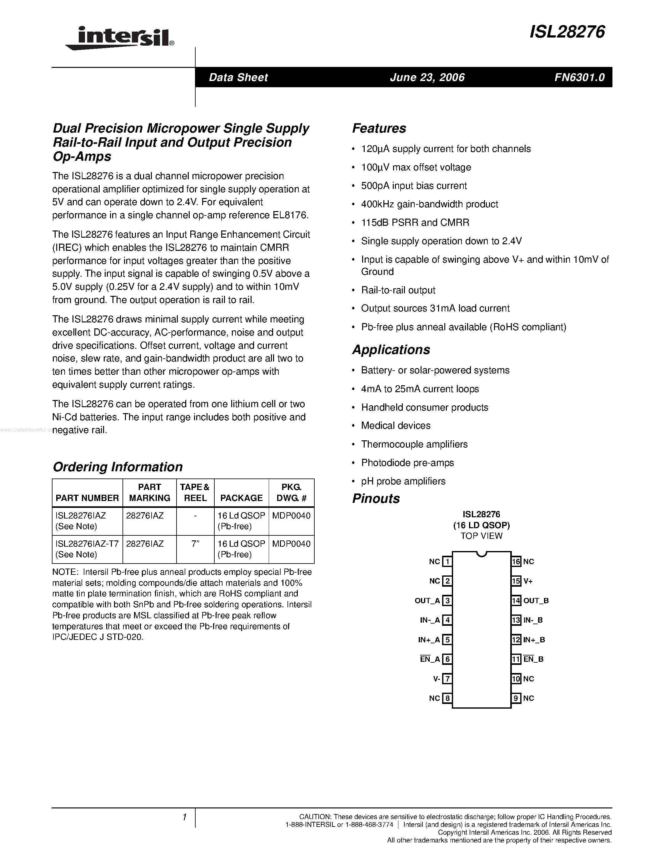 Даташит ISL28276 - Dual Precision Micropower Single Supply Rail-to-Rail Input and Output Precision Op-Amps страница 1