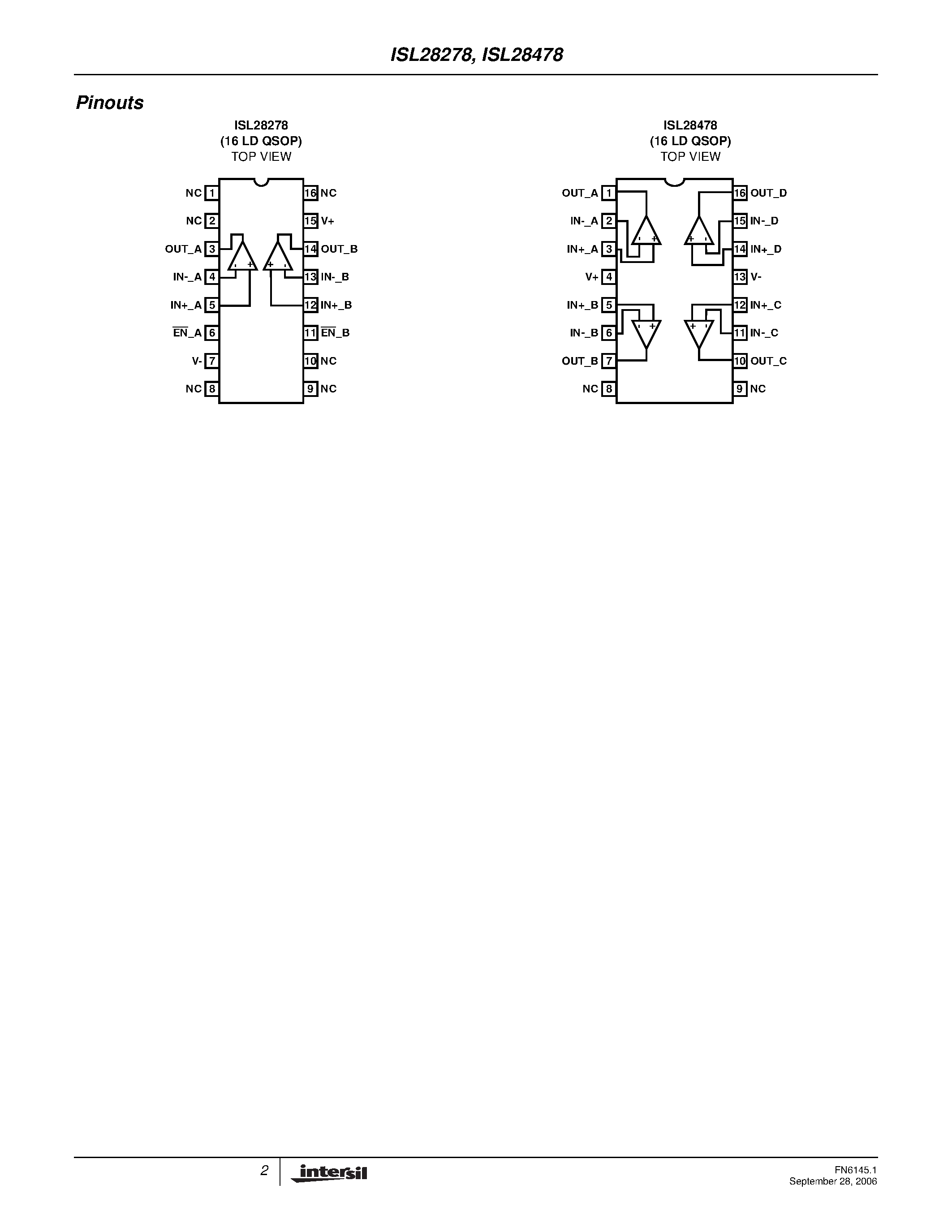 Datasheet ISL28278 - (ISL28278 / ISL28478) Dual Micropower Single Supply Rail-to-Rail Input and Output (RRIO) Precision Op-Amp page 2
