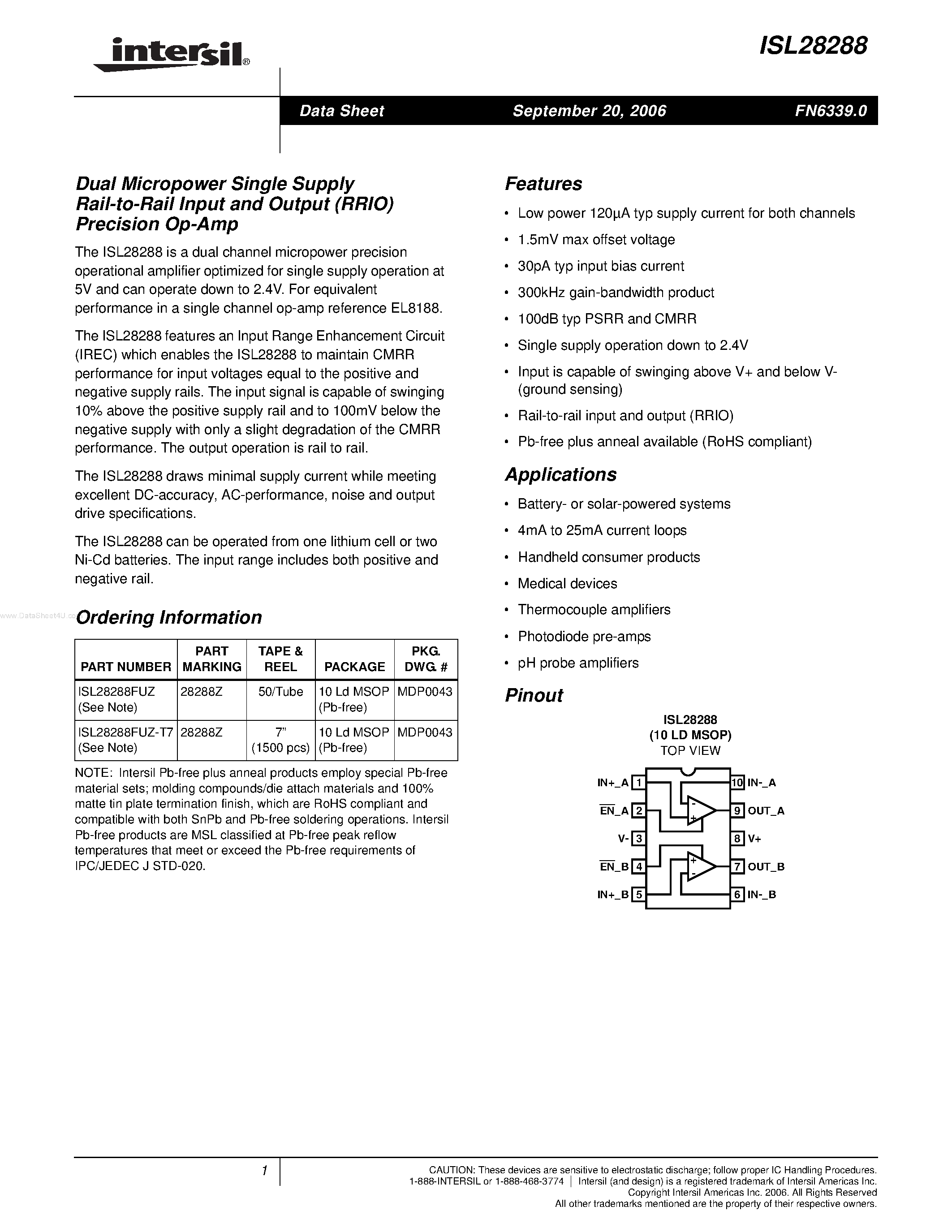 Даташит ISL28288 - Dual Micropower Single Supply Rail-to-Rail Input and Output (RRIO) Precision Op-Amp страница 1