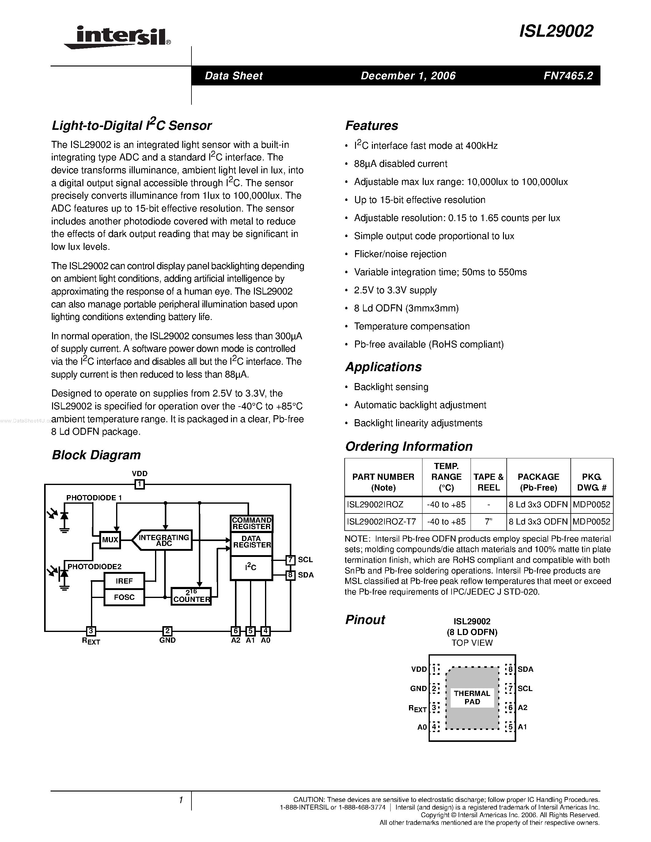 Даташит ISL29002 - Light-to-Digital I2C Sensor страница 1