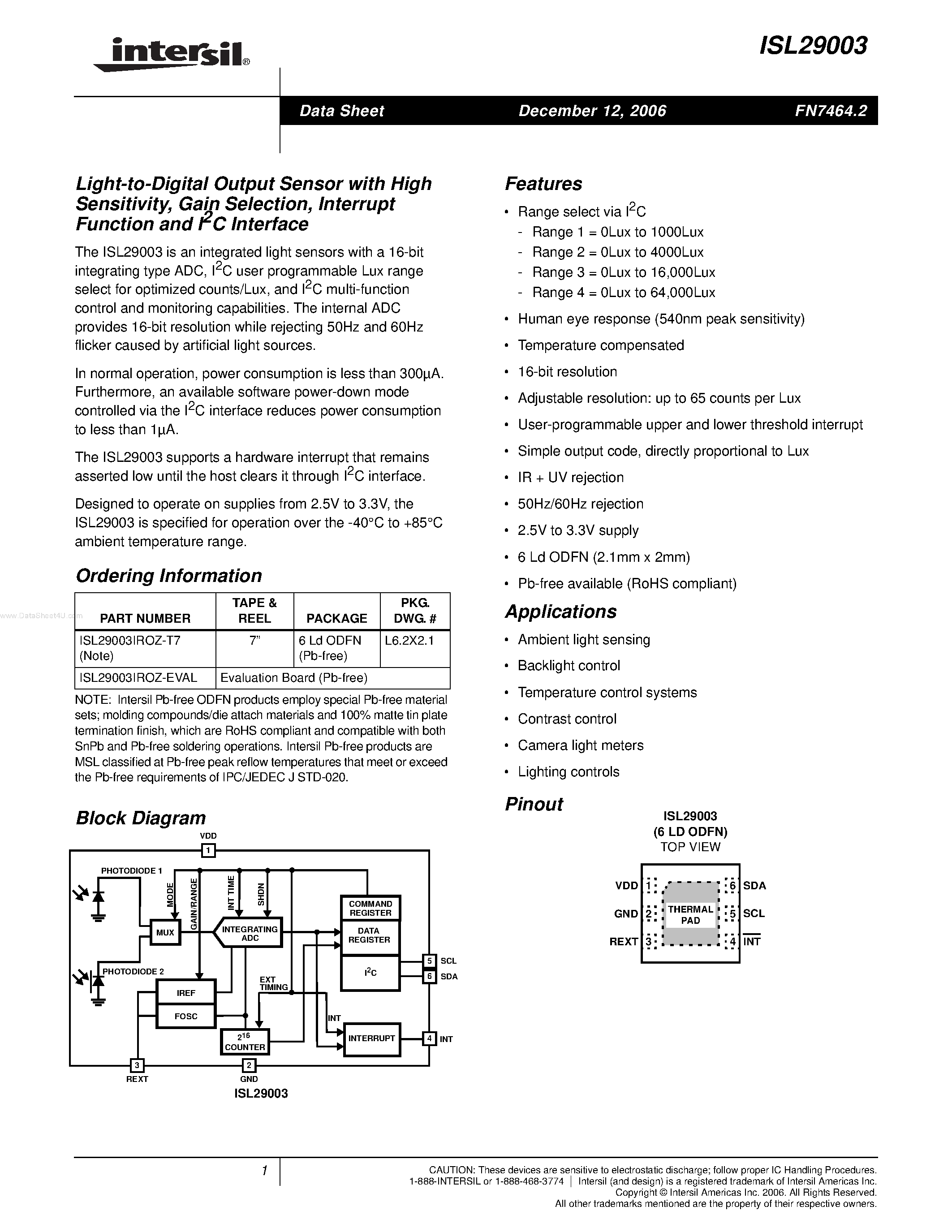 Даташит ISL29003 - Light-to-Digital Output Sensor страница 1