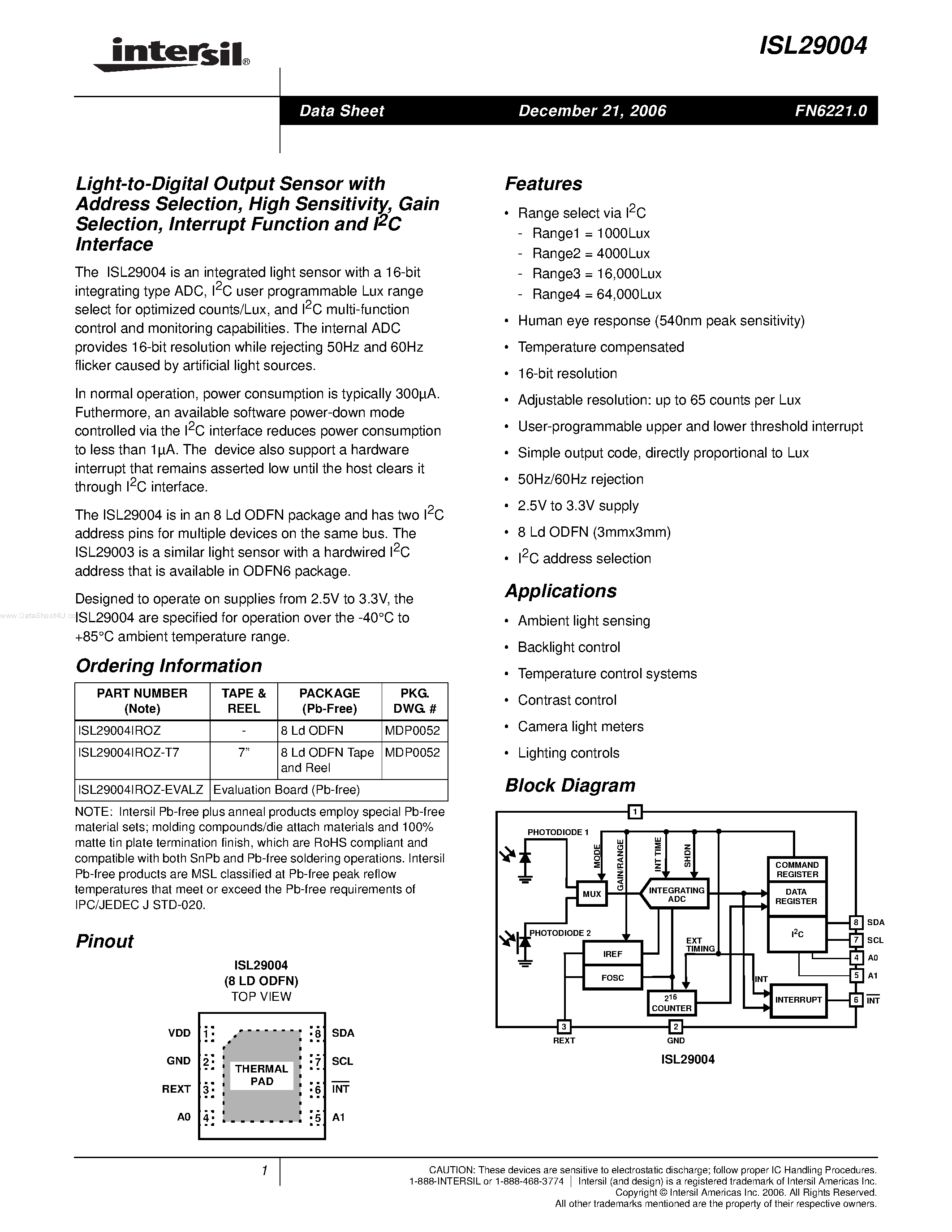 Даташит ISL29004 - Light-to-Digital Output Sensor страница 1