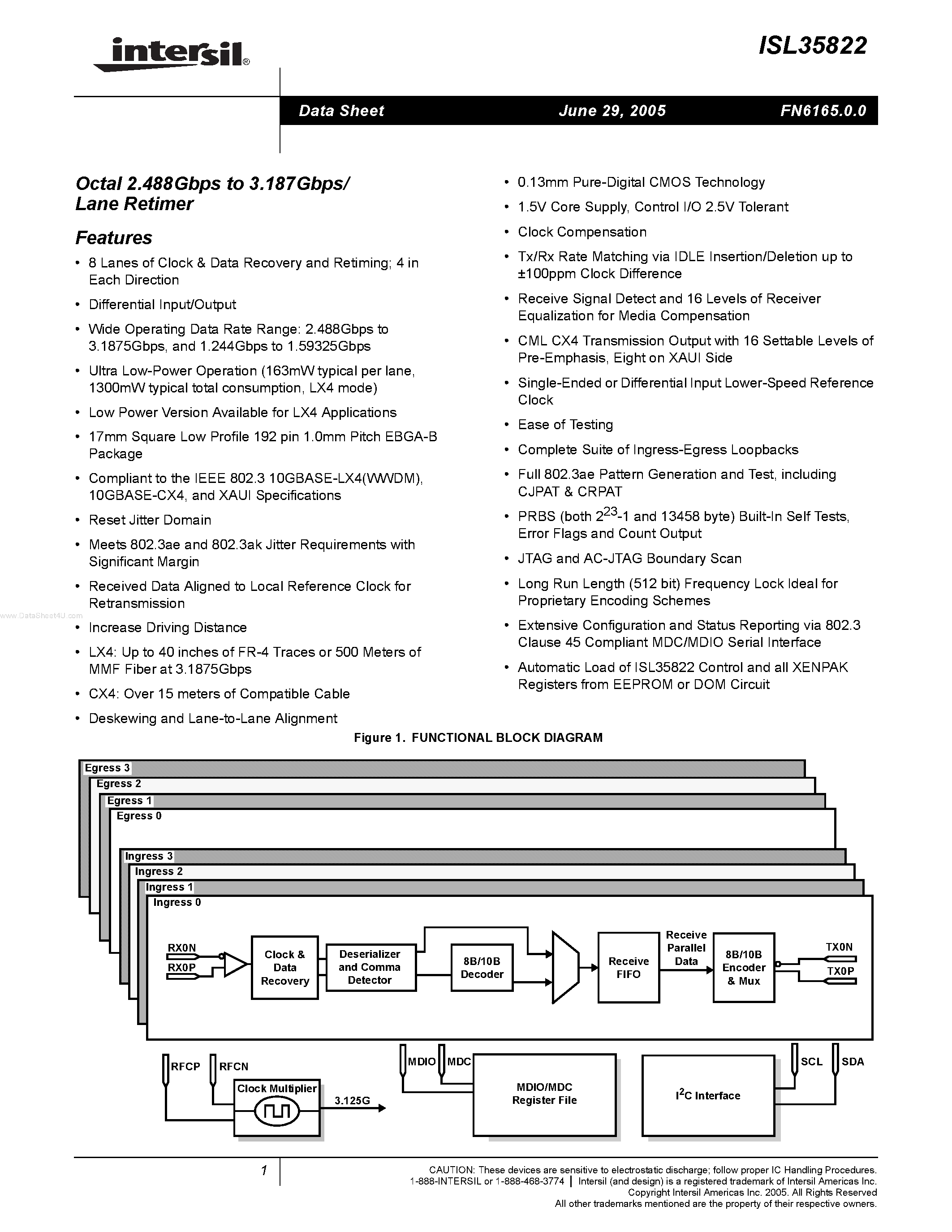 Даташит ISL35822 - Octal 2.488Gbps to 3.187Gbps/ Lane Retimer страница 1