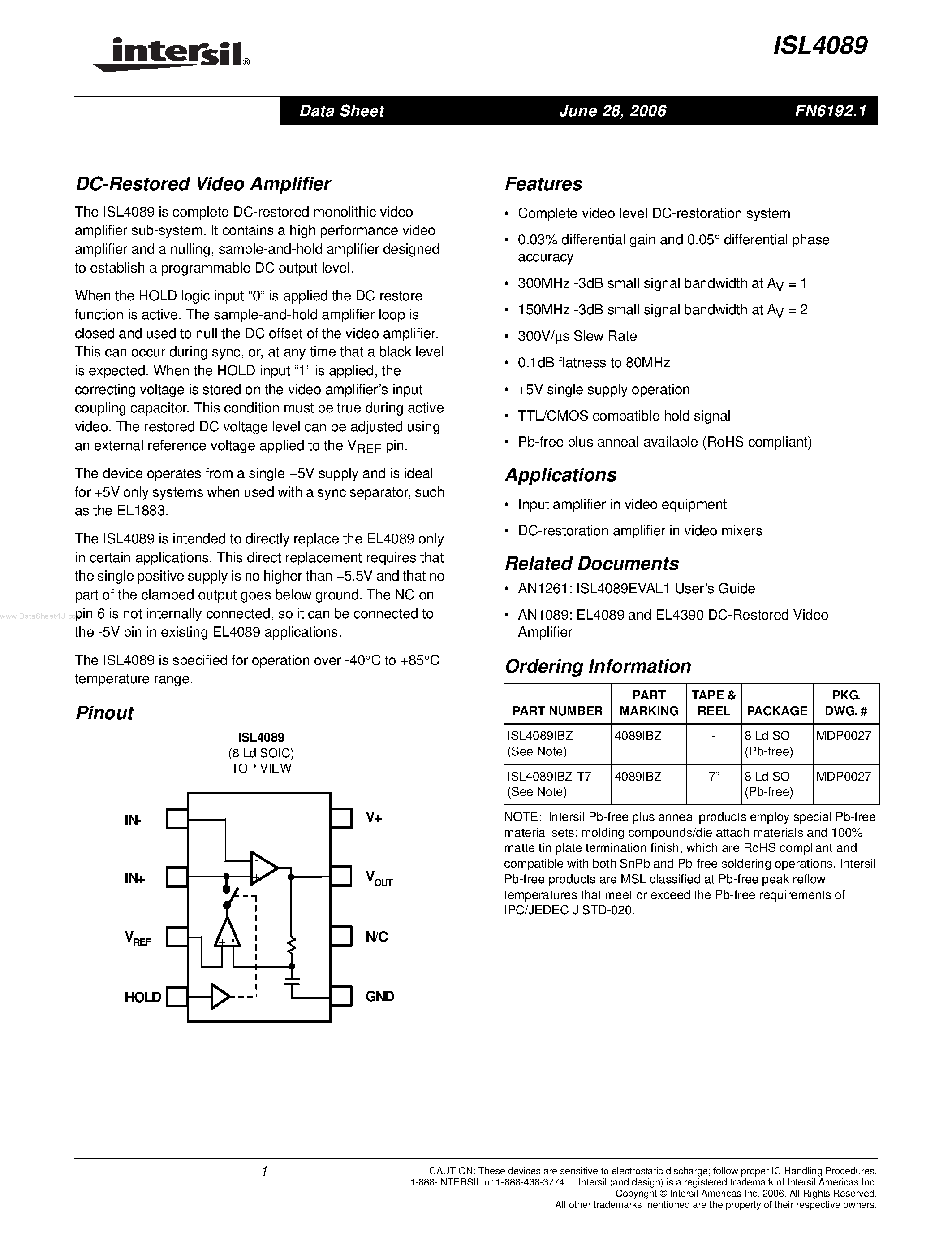 Datasheet ISL4089 - DC-Restored Video Amplifier page 1