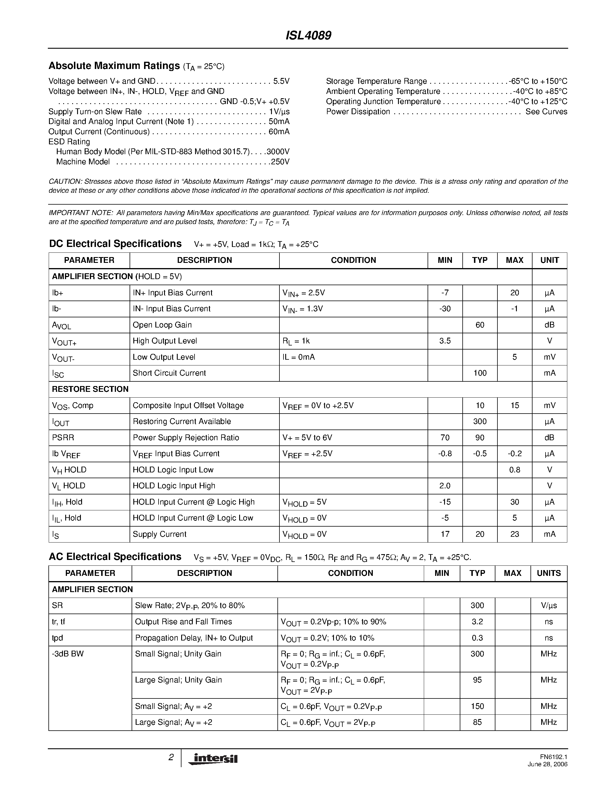 Datasheet ISL4089 - DC-Restored Video Amplifier page 2