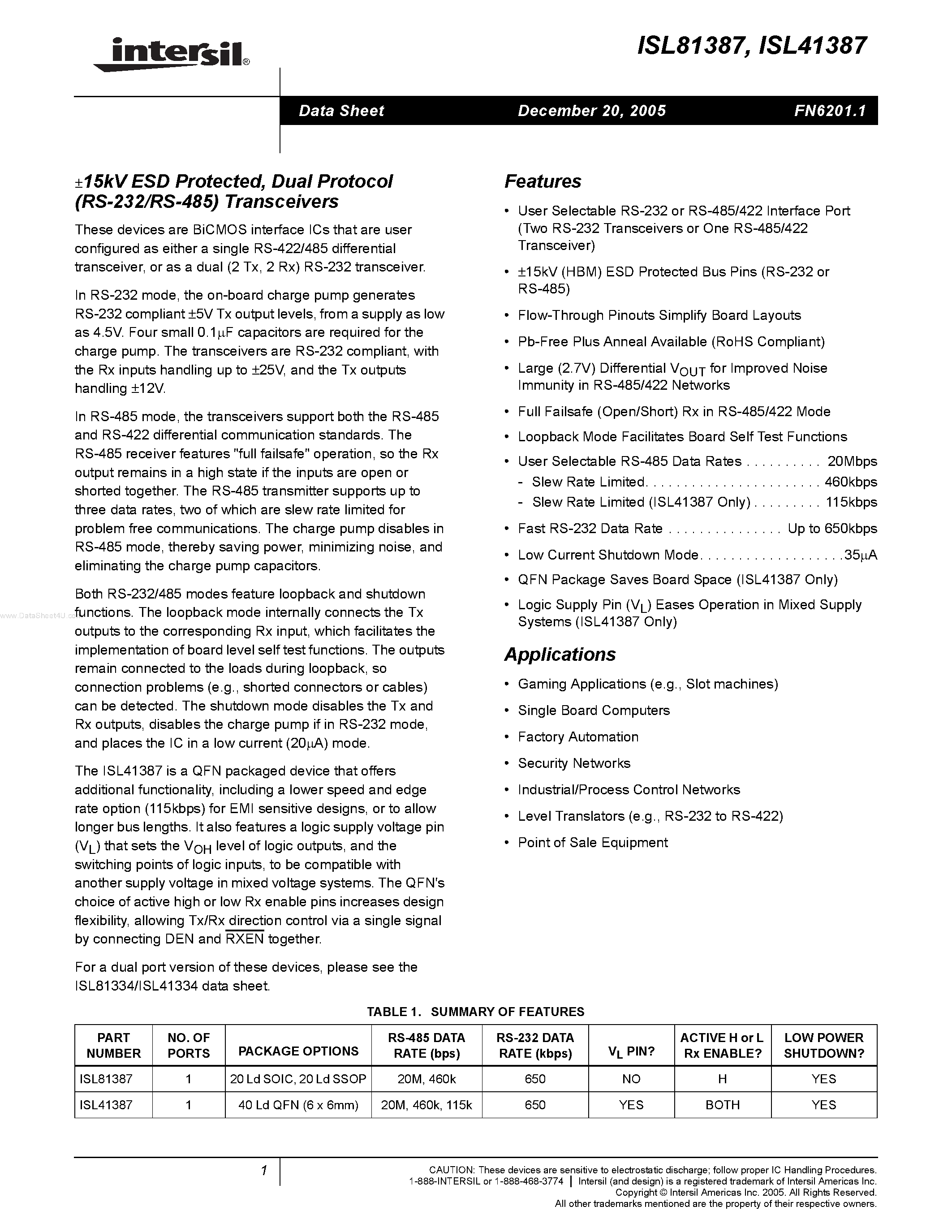 Datasheet ISL41387 page 1 Datasheet ISL41387 - (ISL41387 / ISL81387) Dual Protocol (RS-232/RS-485) Transceivers page 1