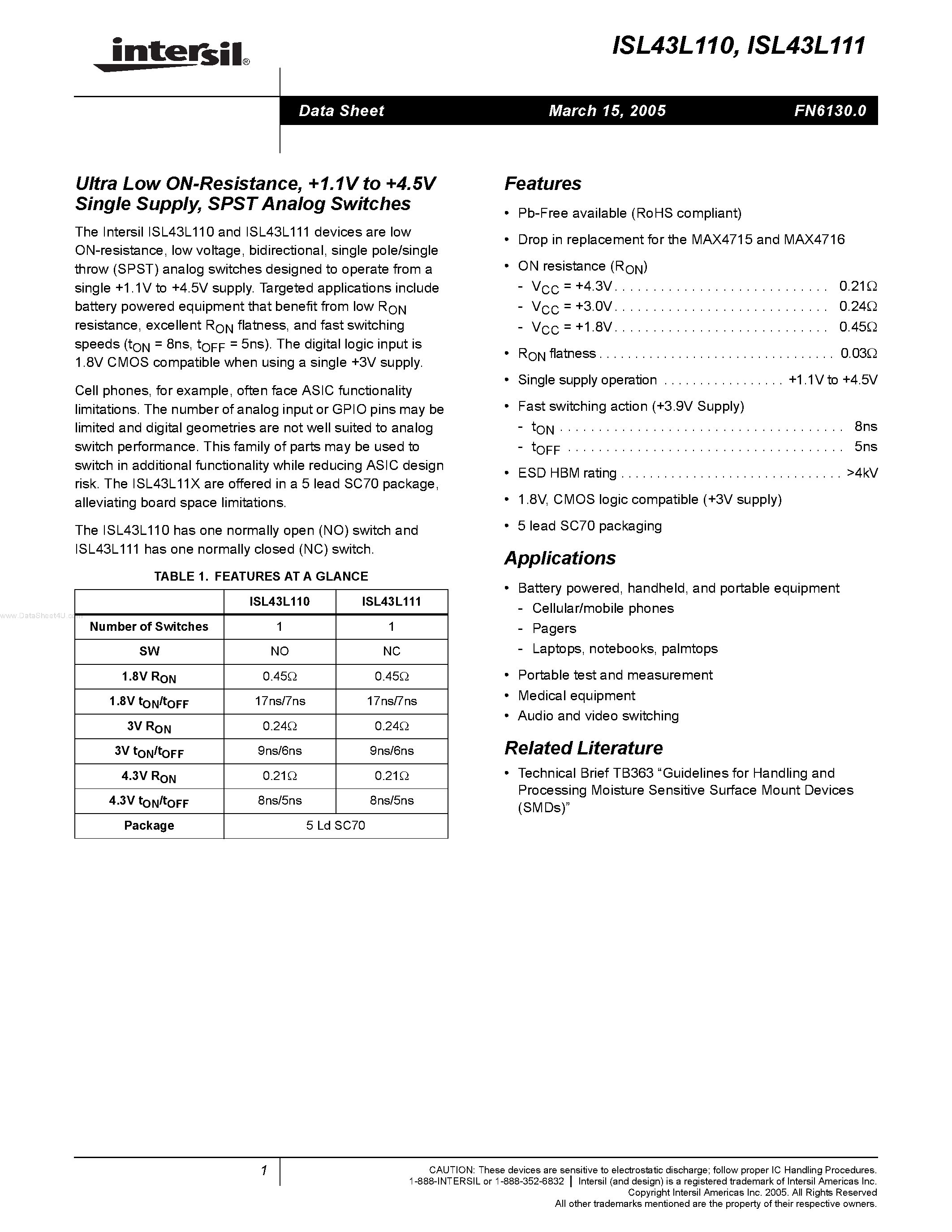 Datasheet ISL43L110 page 1 Datasheet ISL43L110 - (ISL43L110 / ISL43L111) SPST Analog Switches page 1