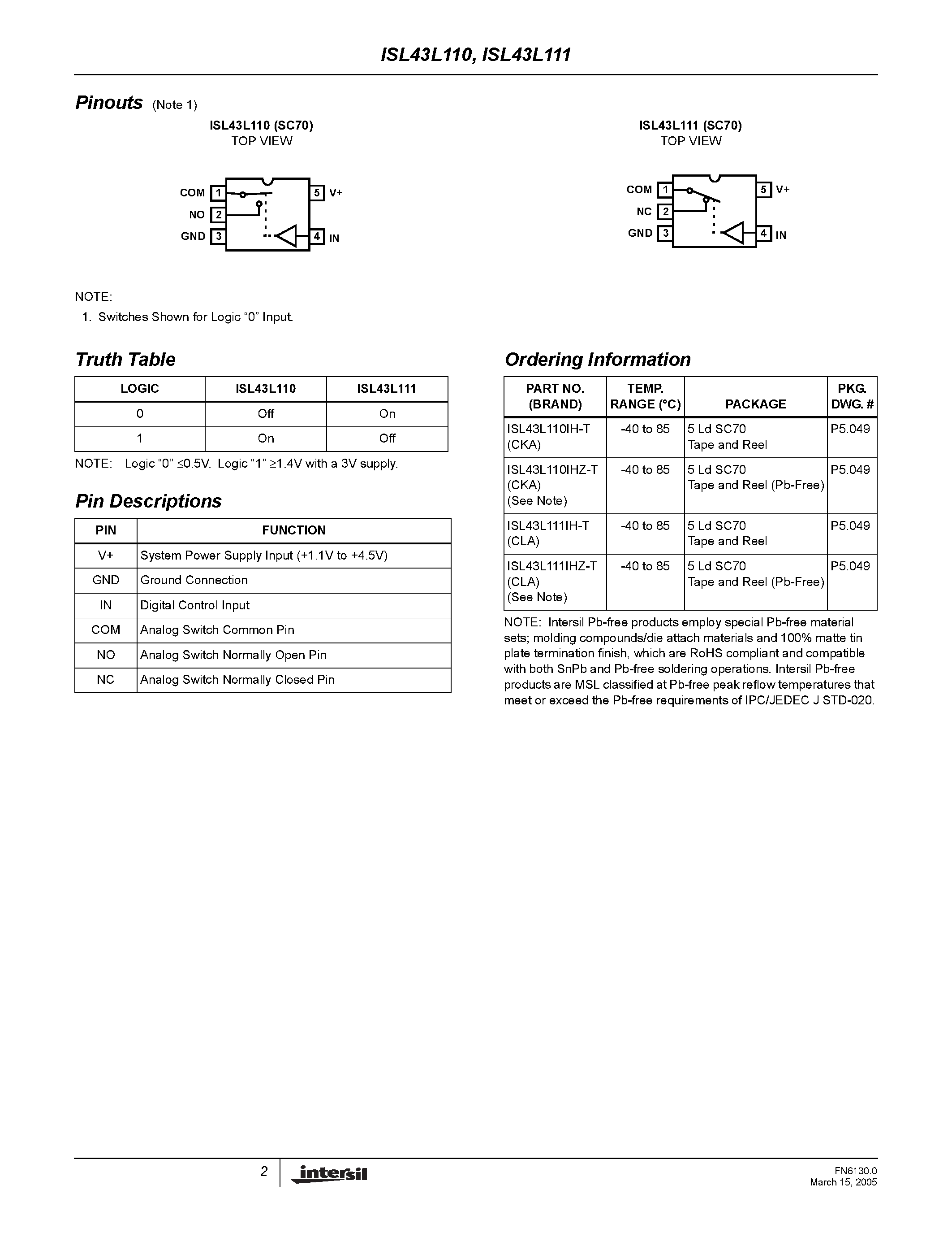 Datasheet ISL43L110 page 2 Datasheet ISL43L110 - (ISL43L110 / ISL43L111) SPST Analog Switches page 2
