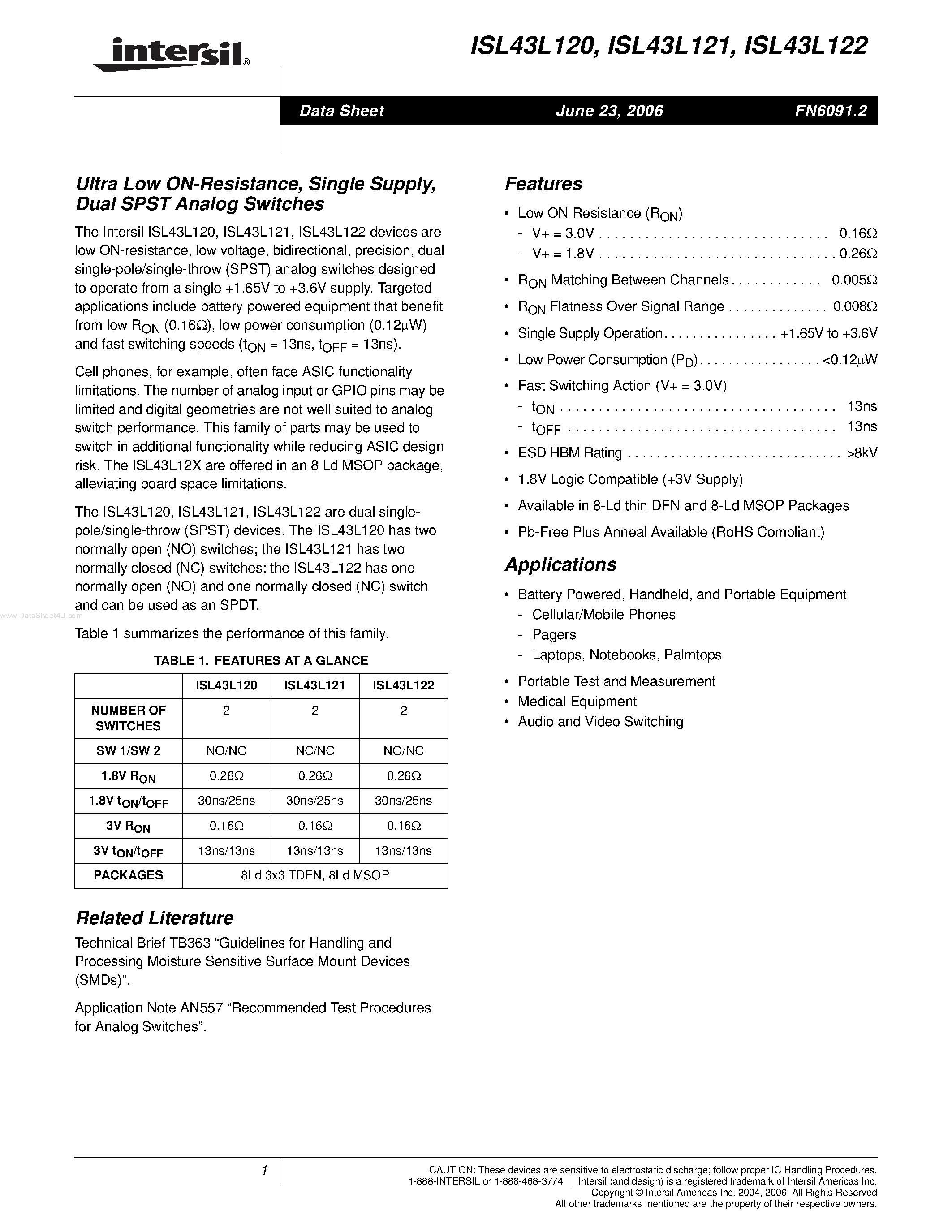 Datasheet ISL43L120 page 1 Datasheet ISL43L120 - (ISL43L120 - ISL43L122) Dual SPST Analog Switches page 1