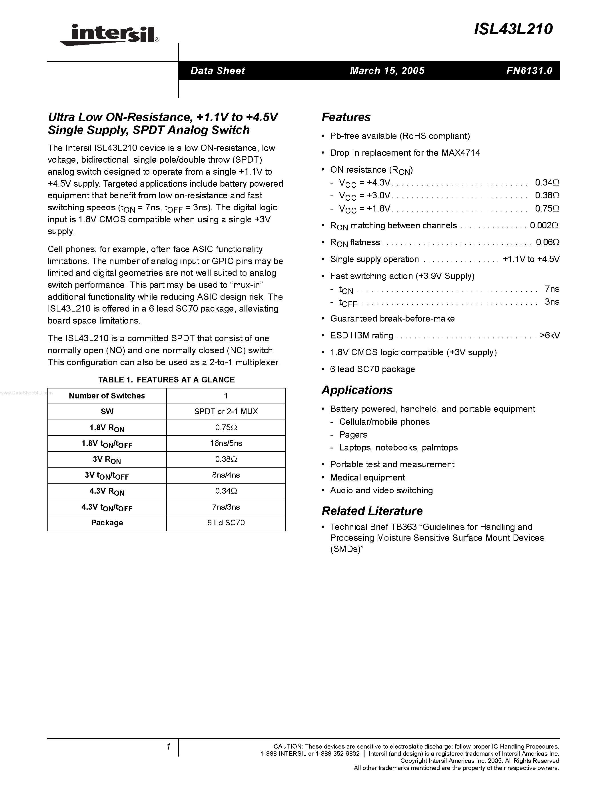 Datasheet ISL43L210 - SPDT Analog Switch page 1