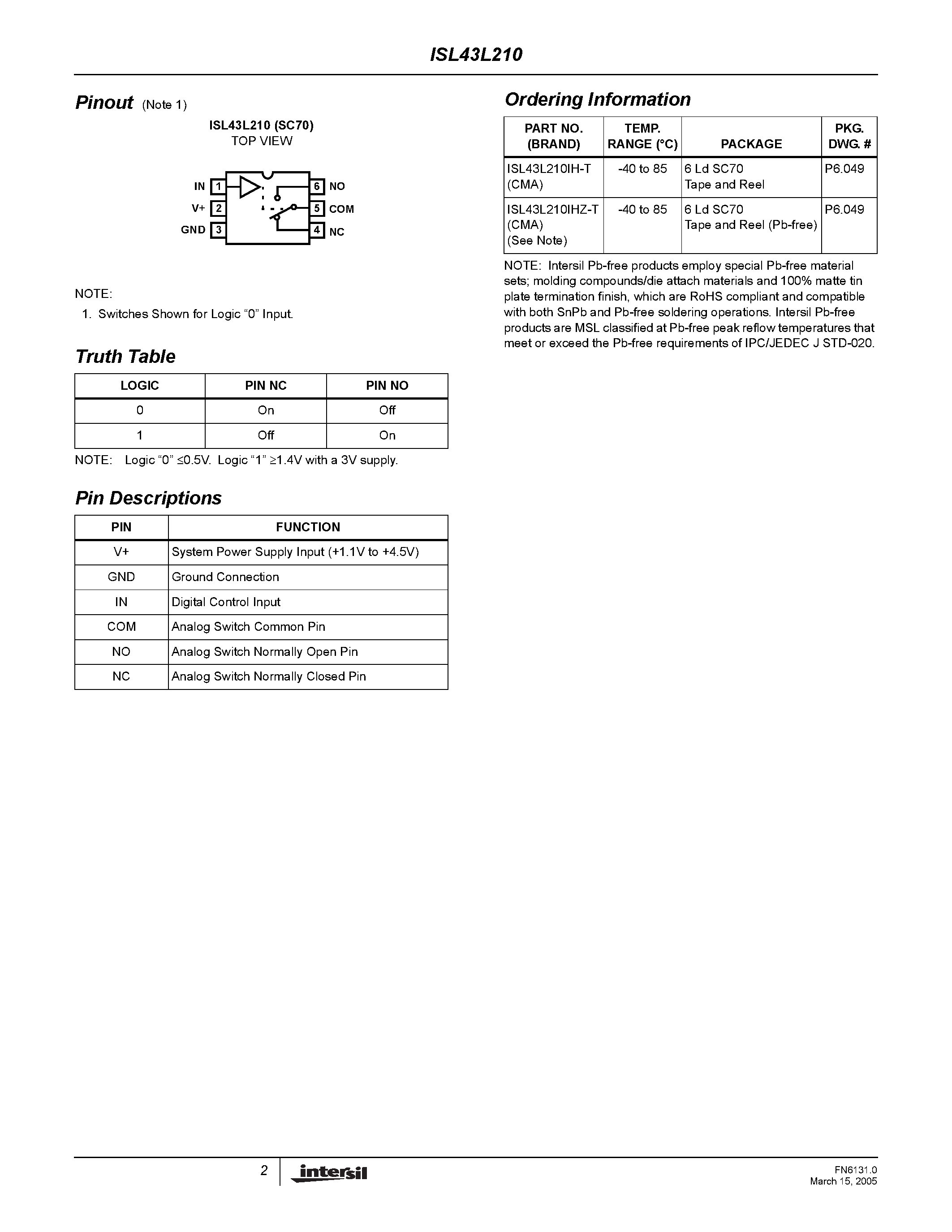 Datasheet ISL43L210 - SPDT Analog Switch page 2